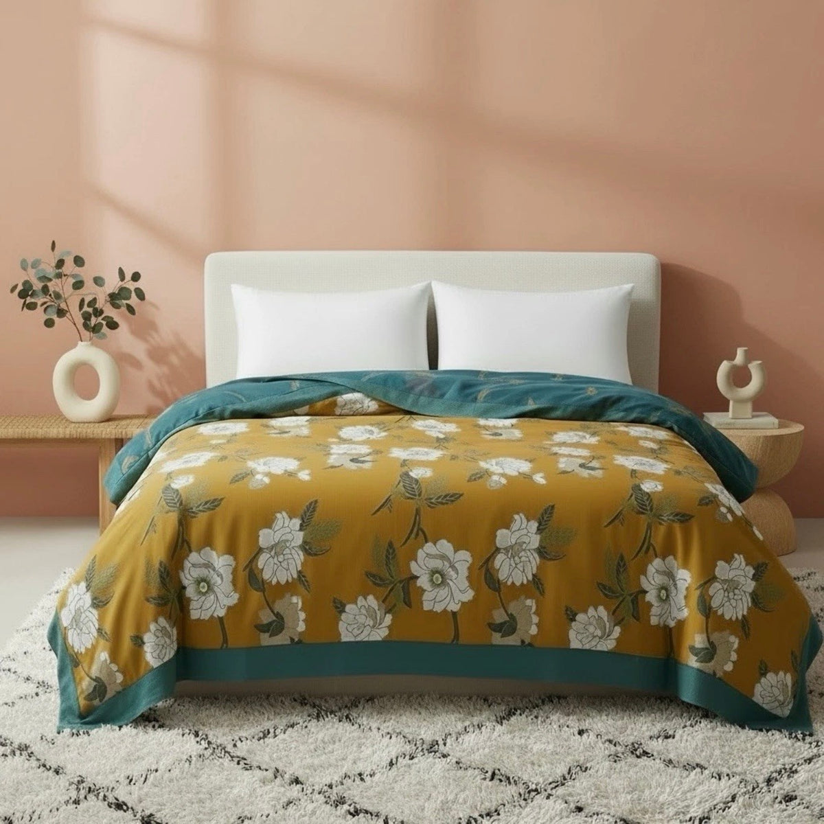 NEW Anthropologie Boho Orange & Teal Floral Throw Blanket Bedspread - 60" x 80"