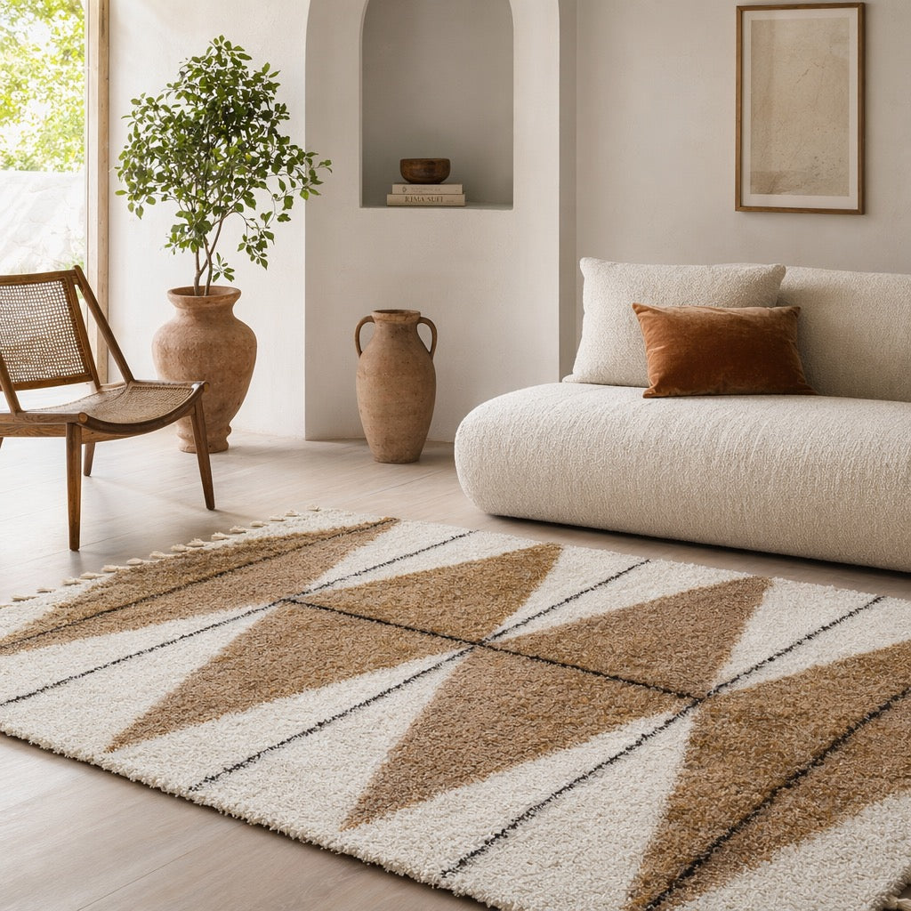 NEW West Elm White Cream Boho Tassel Geometric Shag Area Rug Carpet - 4' x 6'
