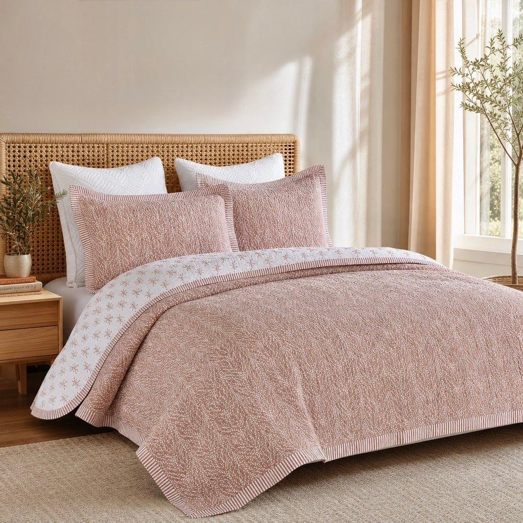 NEW West Elm Blush Botanical Pattern Cotton Queen King Bedding Quilt & Sham Set