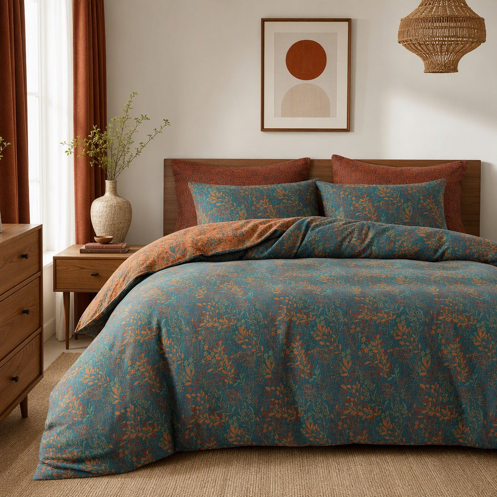 NEW Anthropologie Orange Teal Botanical Cotton Queen King Bedding Duvet Sham Set