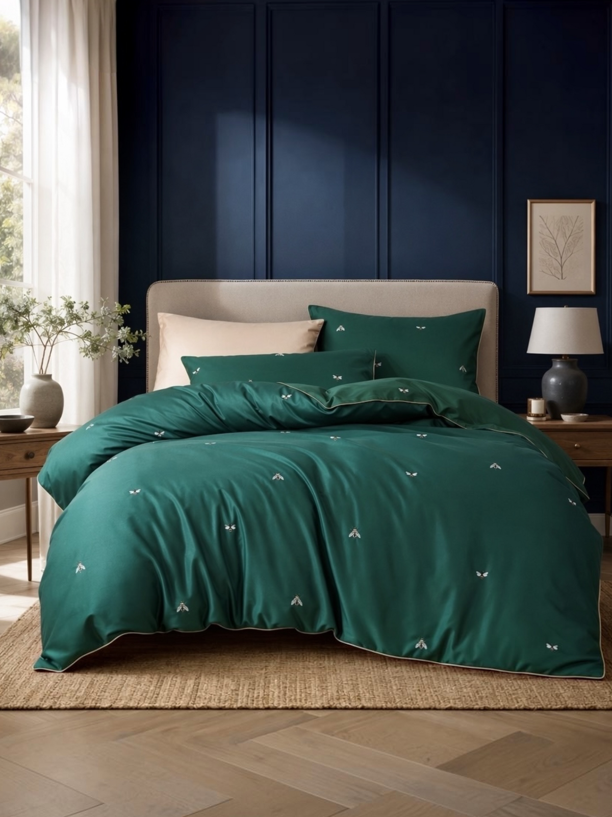 NEW Anthropologie Emerald Green Bee Boho Queen Size Bedding Duvet Sham Case Set