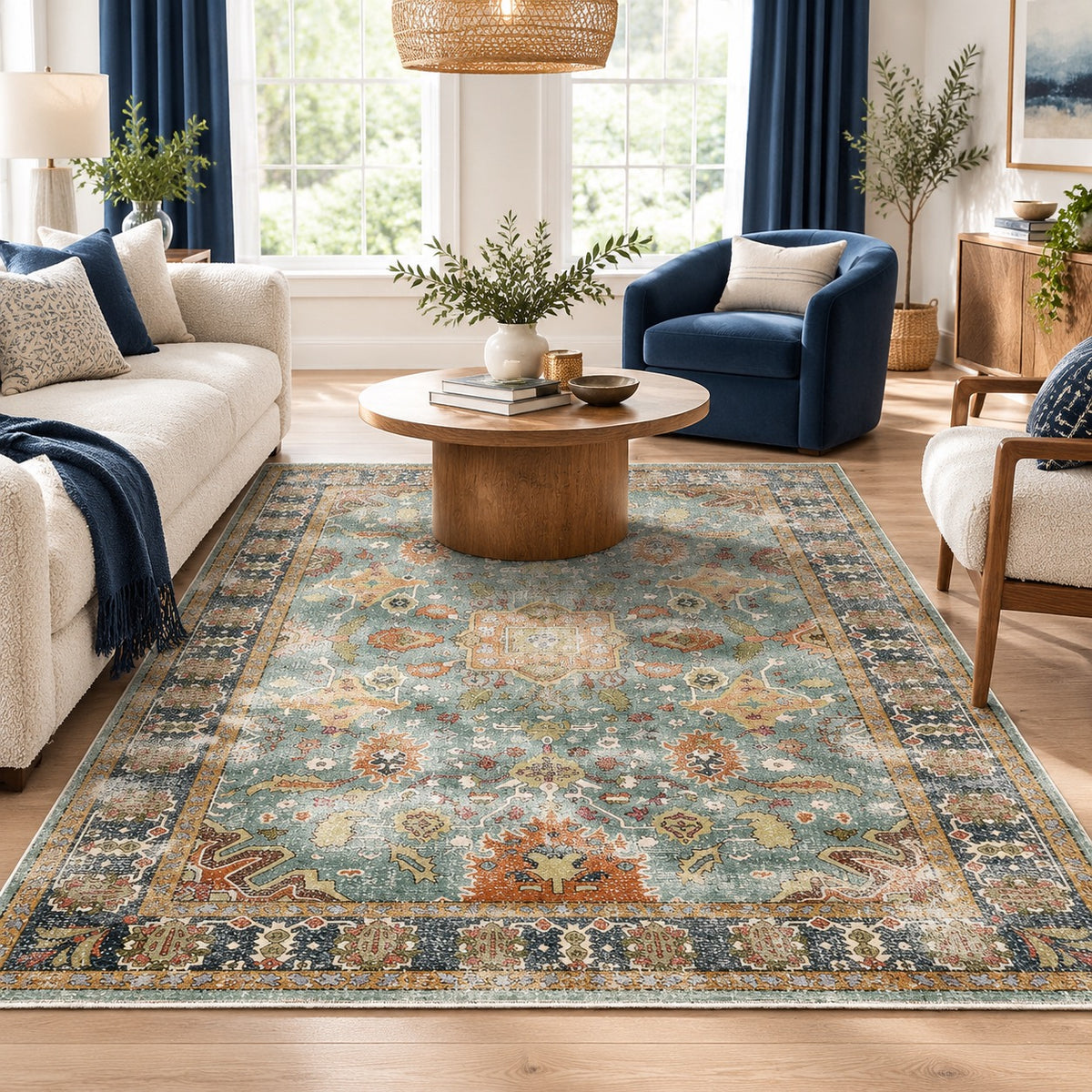 Blue Moroccan floral boho area rug with distressed orange and teal patterns in a living room setting. Washable poly-wool carpet.