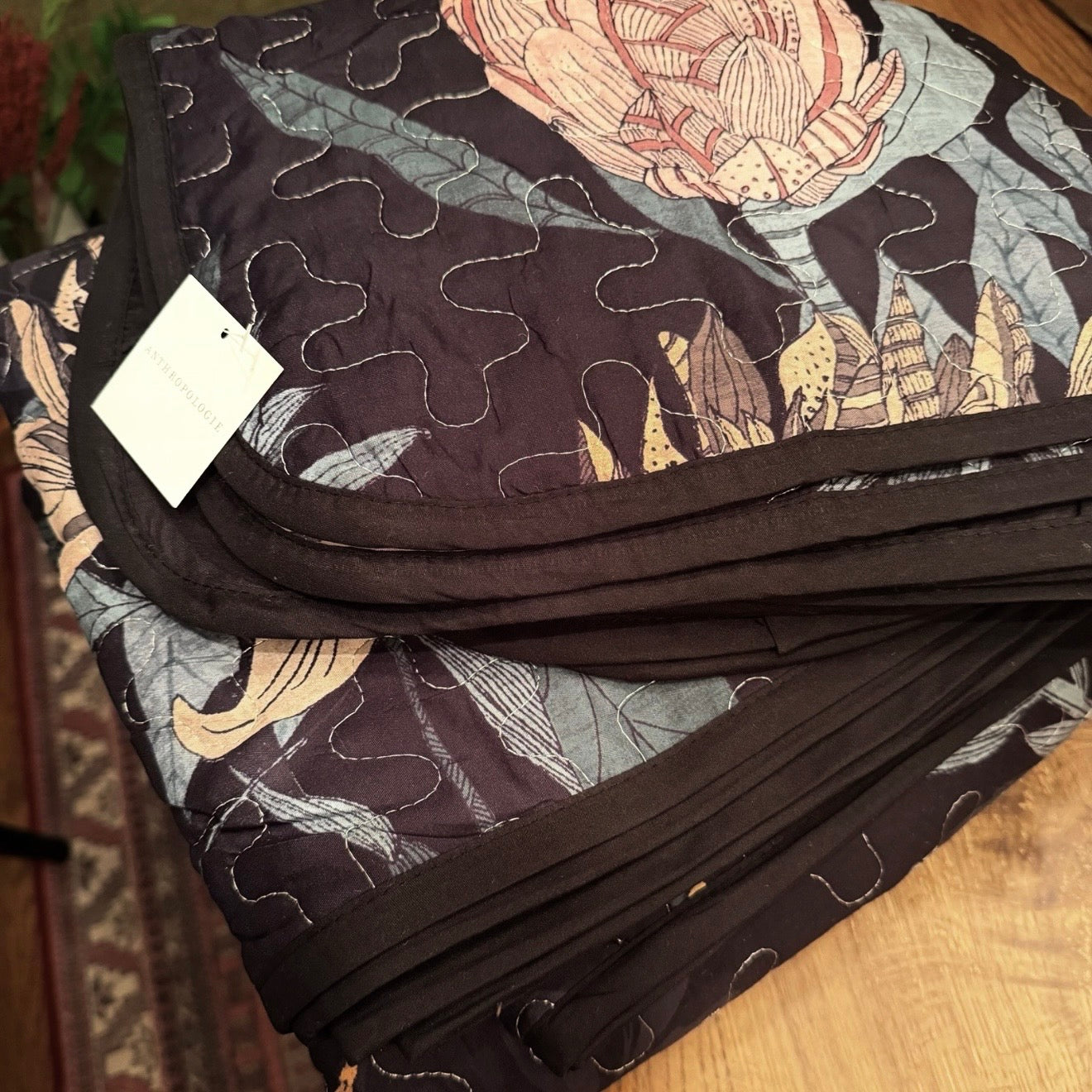 NEW Anthro Queen / King Black Reversible Boho Quilt Bedspread Bedding & Sham Set