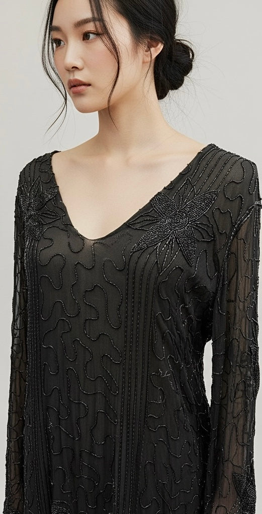Vintage Saks Fifth Avenue Black Floral Beaded Sheer Tunic Sheath Dress - Large