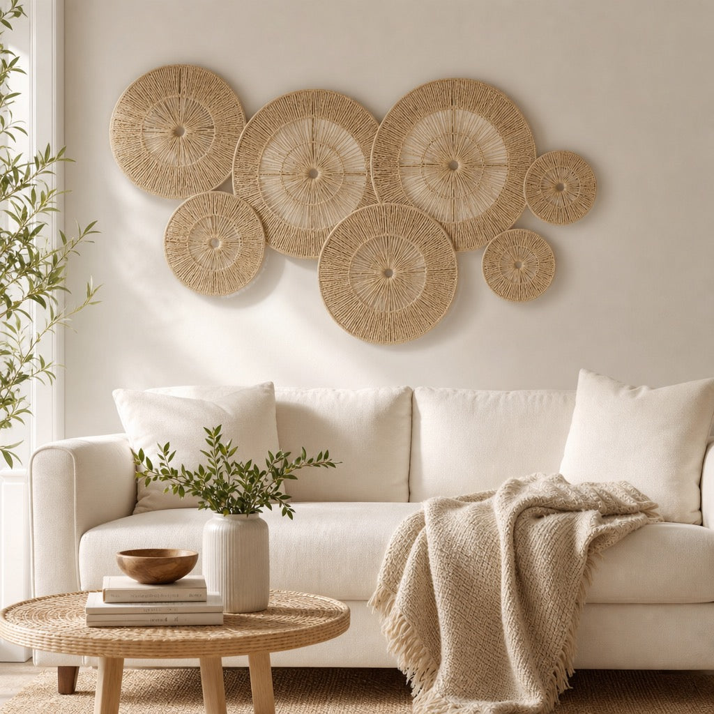 NEW West Elm 7-Piece Woven Wicker Rattan Round Boho Wall Decor Hanging Baskets