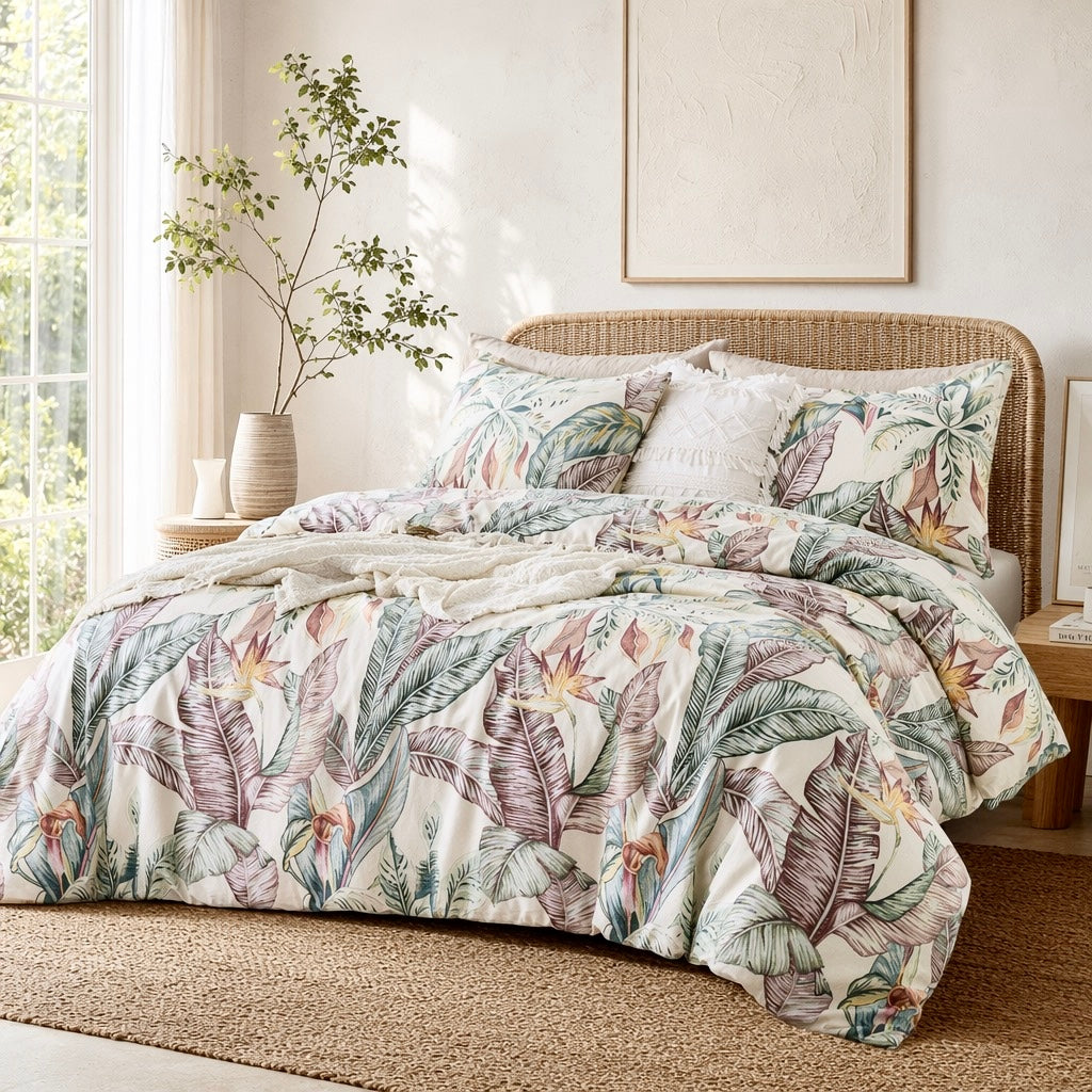 NEW Anthro White Floral Botanical Boho Cotton Queen King Bedding Duvet Sham Set