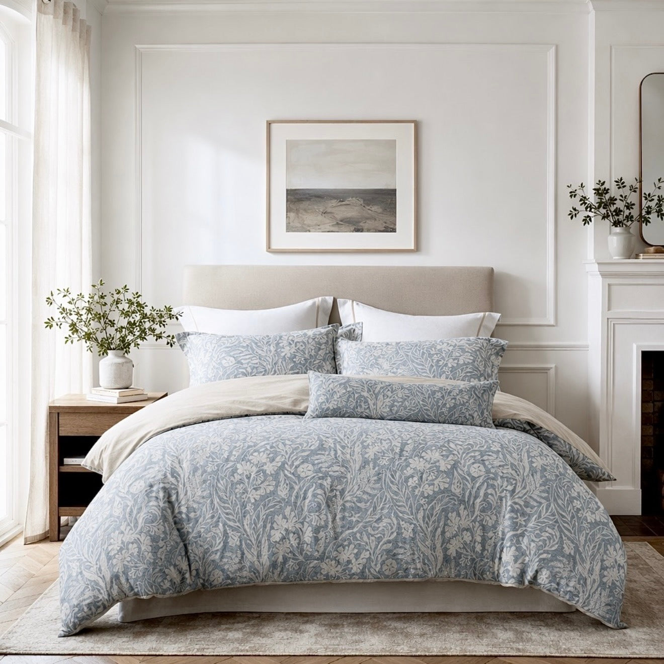 NEW West Elm Blue Cotton Floral Botanical Queen / King Bedding Duvet & Sham Set