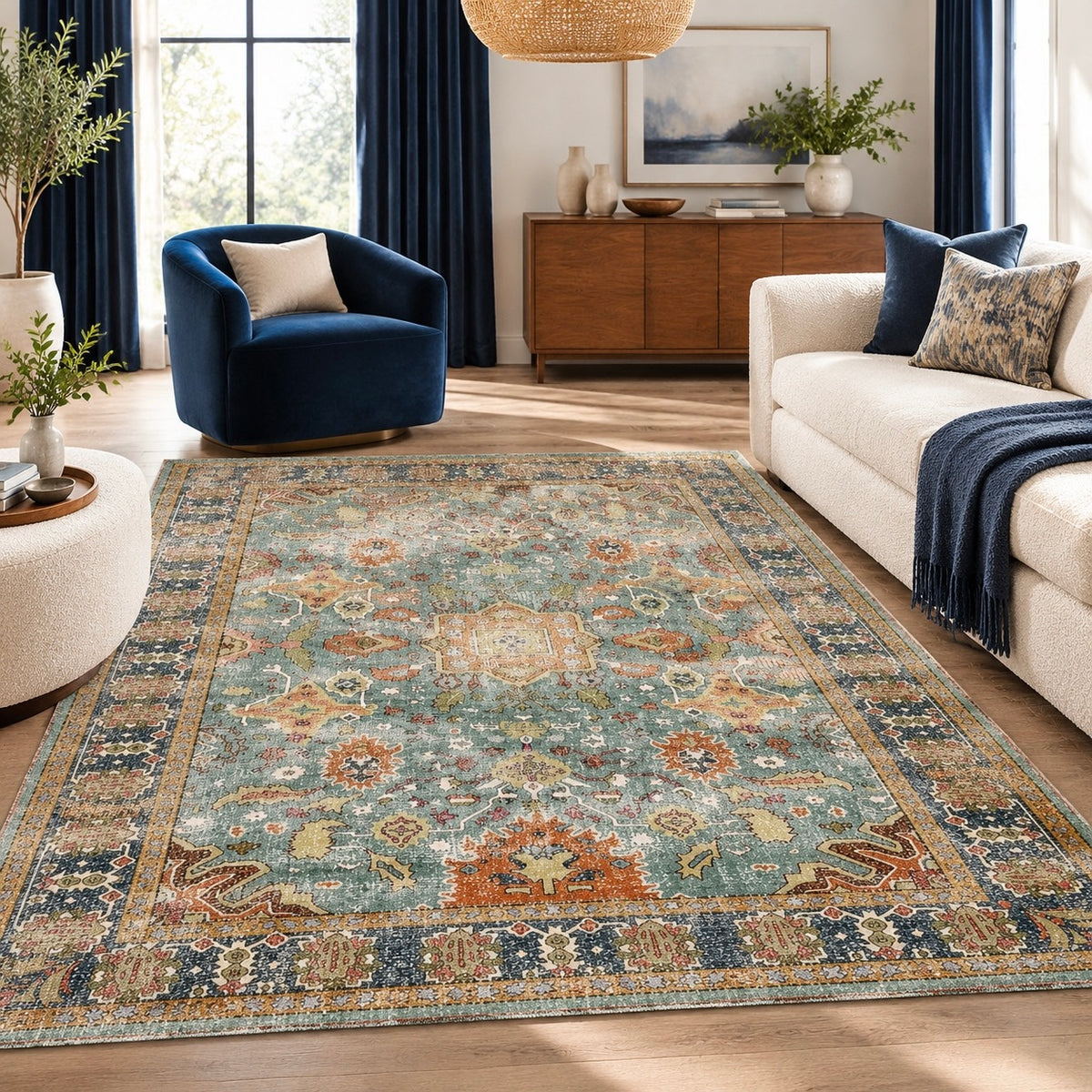 Blue Moroccan floral Boho area rug with distressed patterns and borders, placed in a living room with blue accents. Washable poly-wool carpet.