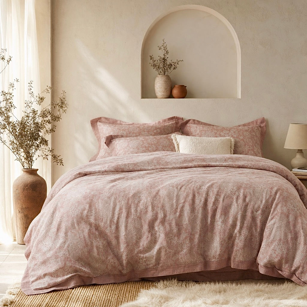 NEW Anthropologie Pink Floral Jacquard Boho Queen Size Bedding Duvet & Sham Set