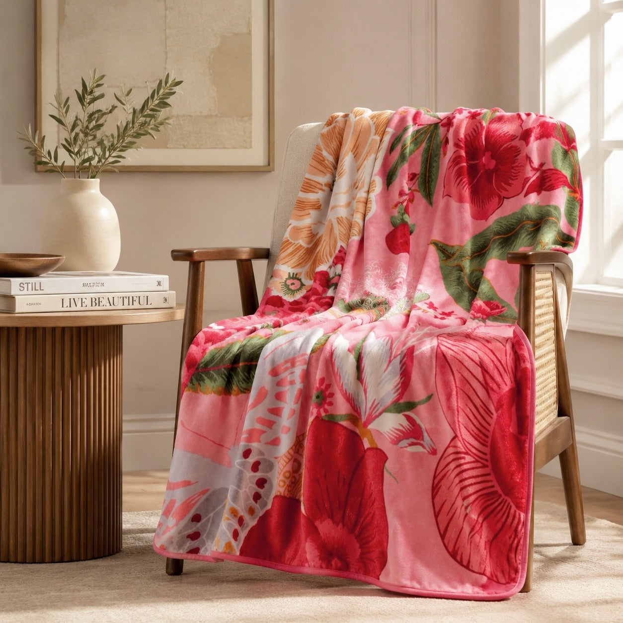 NEW Anthropologie XL Queen Boho Red Floral Fleece Throw Blanket Bedspread 90x90