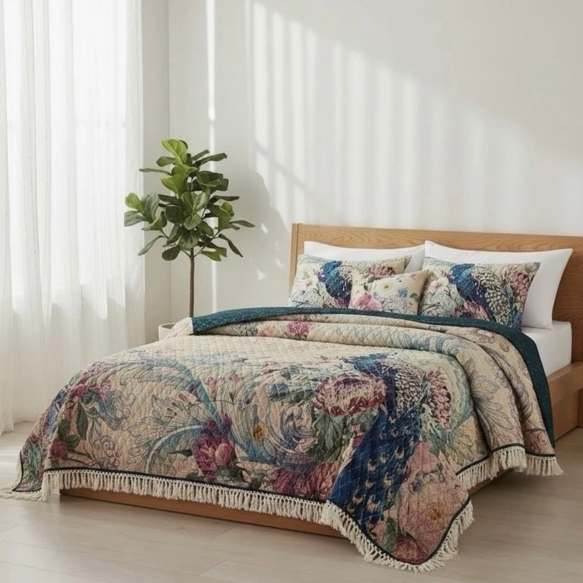 NEW Anthropologie Peacock Tassel Fringe Boho Quilt Bedspread Bedding & Sham Set