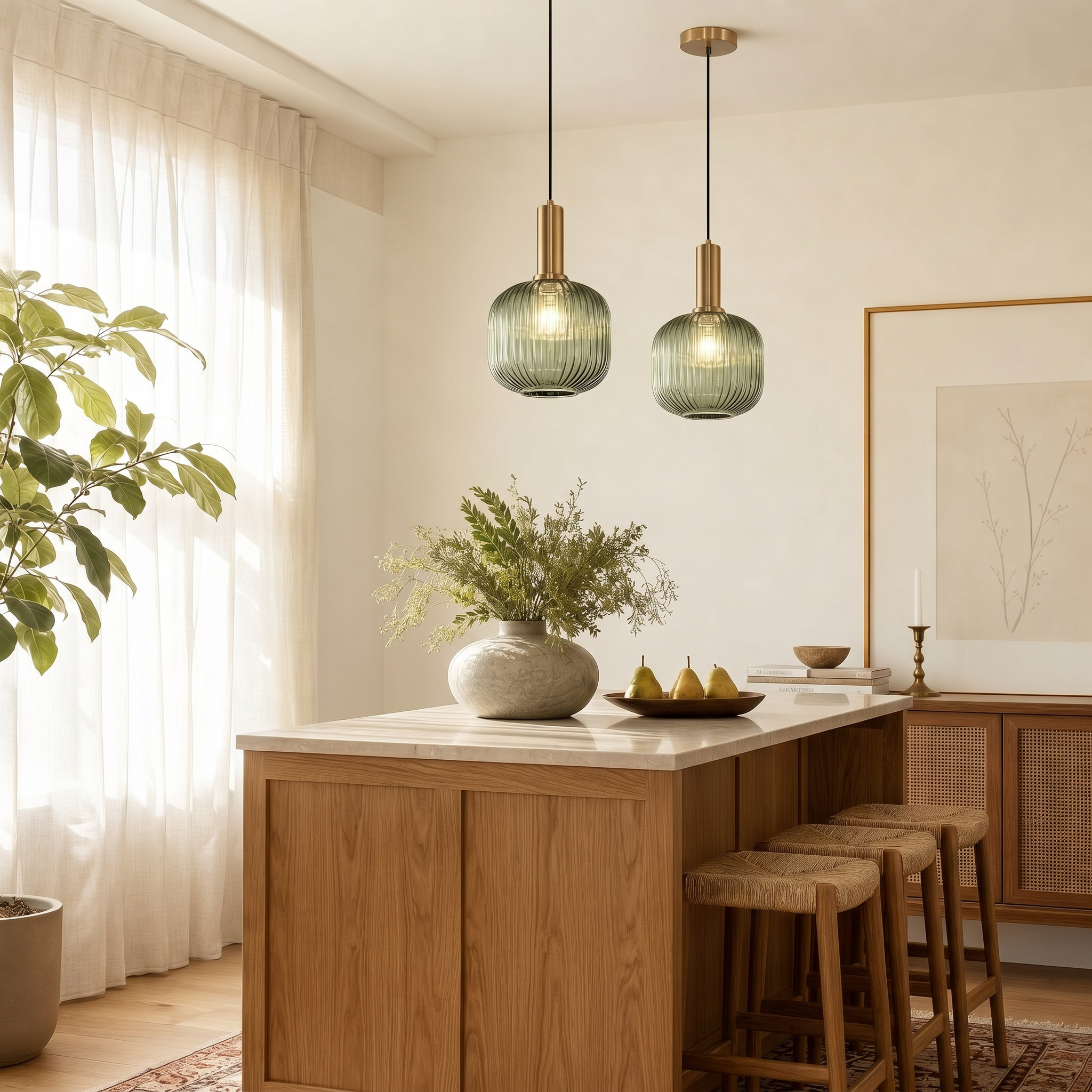 NEW West Elm Vintage Retro Green Glass Globe Hanging Gold Pendant Light Fixture