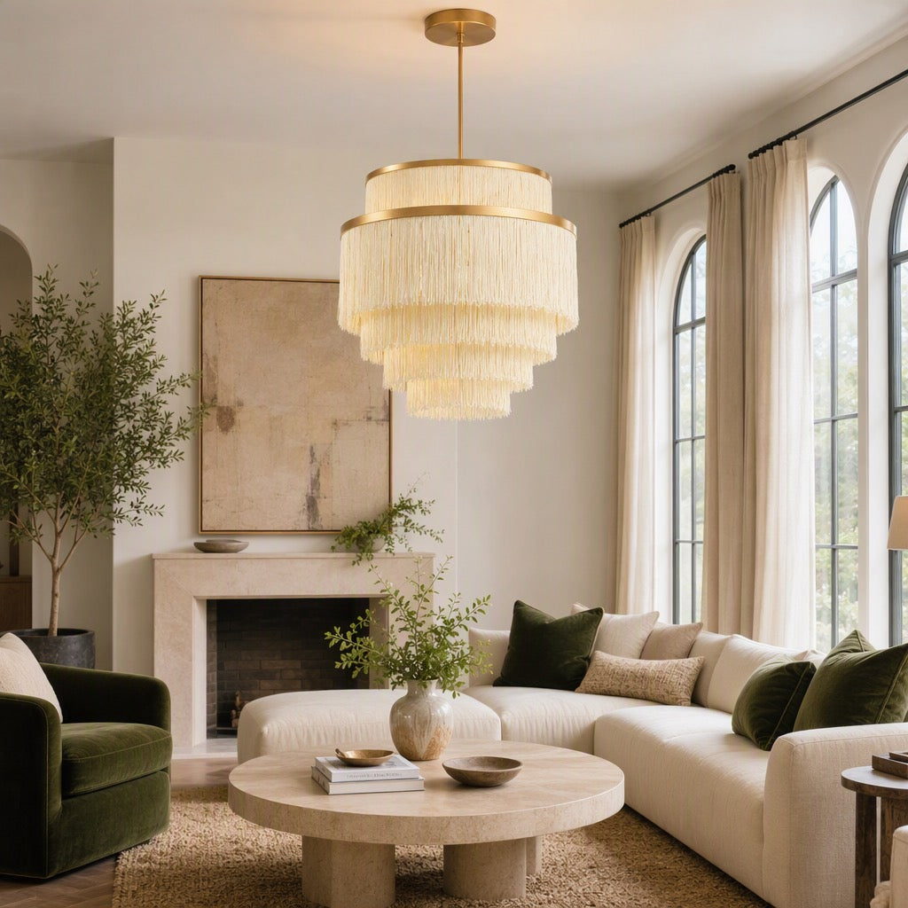 NEW Anthropologie Chandelier Mid-Century Boho Fringe Gold Ceiling Light Fixture