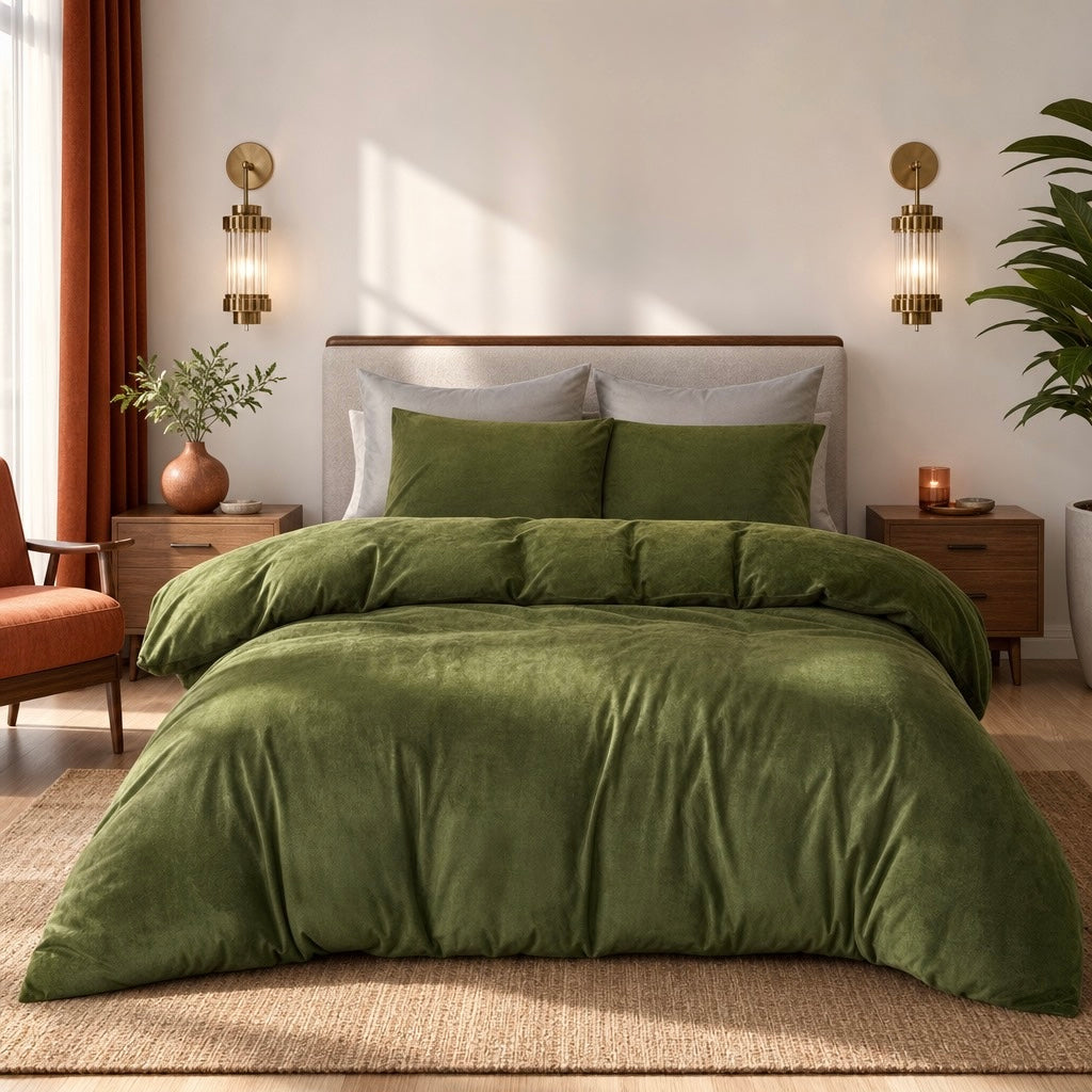 NEW West Elm Emerald Green Velvet Velour Queen / King Duvet Bedding & Sham Set