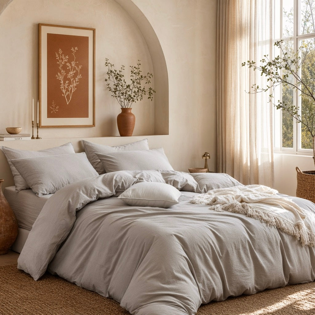 NEW West Elm Boho Cream Beige King Washed Cotton Linen Bedding Duvet & Sham Set