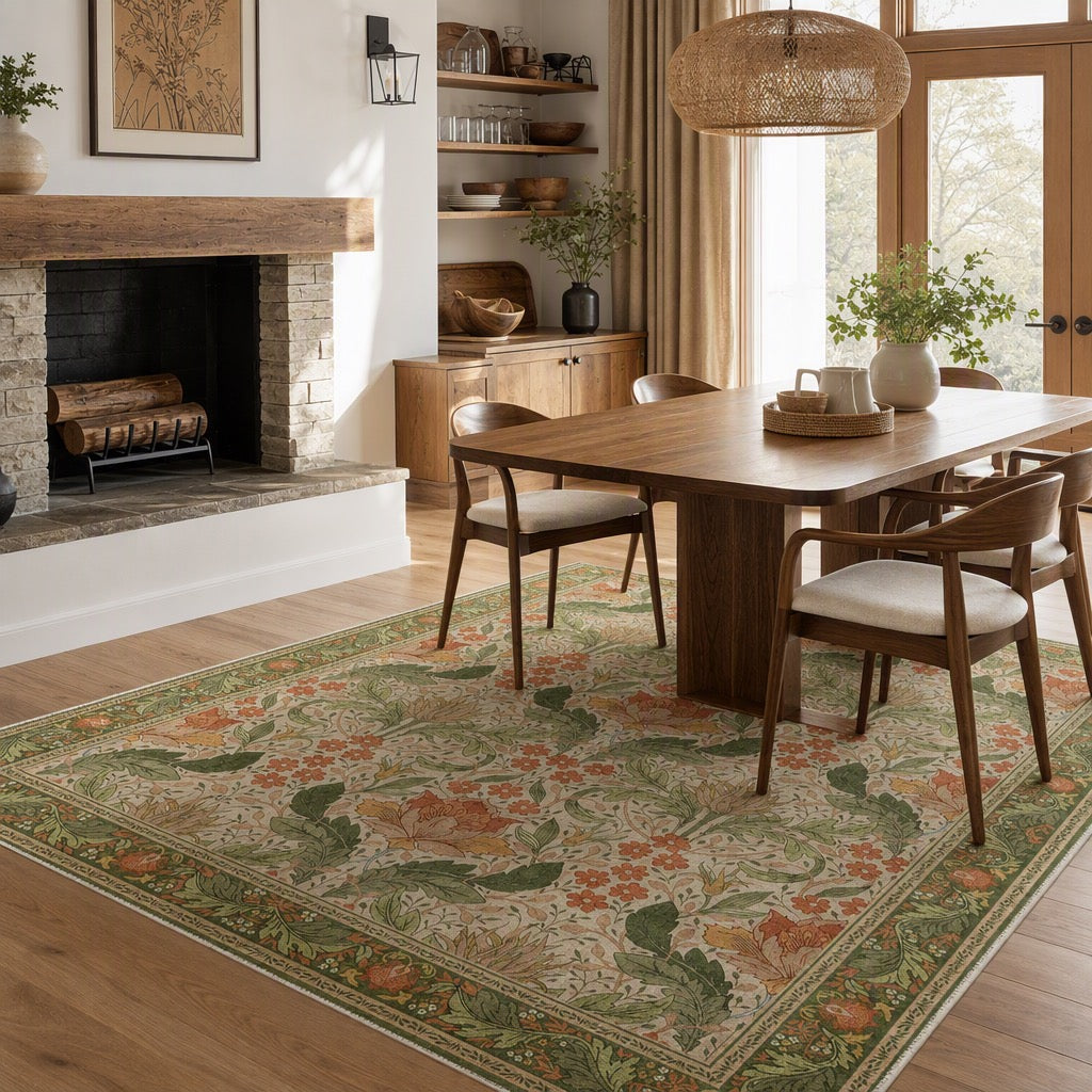 NEW Anthropologie Green Orange Floral Vintage Washable Area Rug Carpet - 5' x 7'
