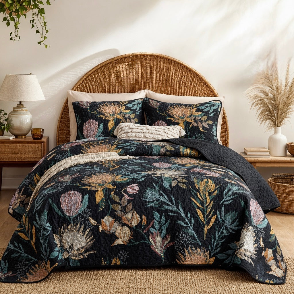 NEW Anthro Queen / King Black Reversible Boho Quilt Bedspread Bedding & Sham Set