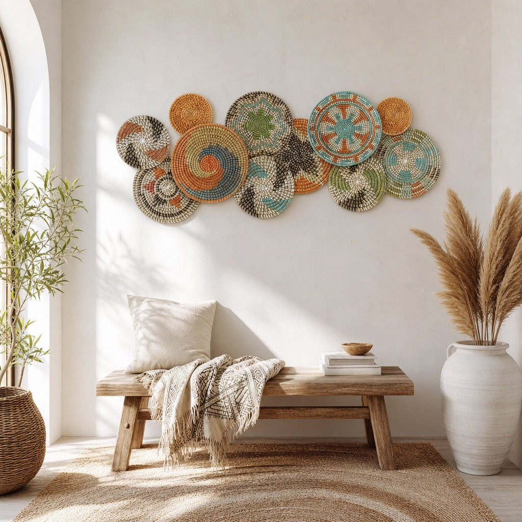 NEW West Elm 11-Piece Woven Wicker Rattan Colorful Boho Wall Hanging Baskets