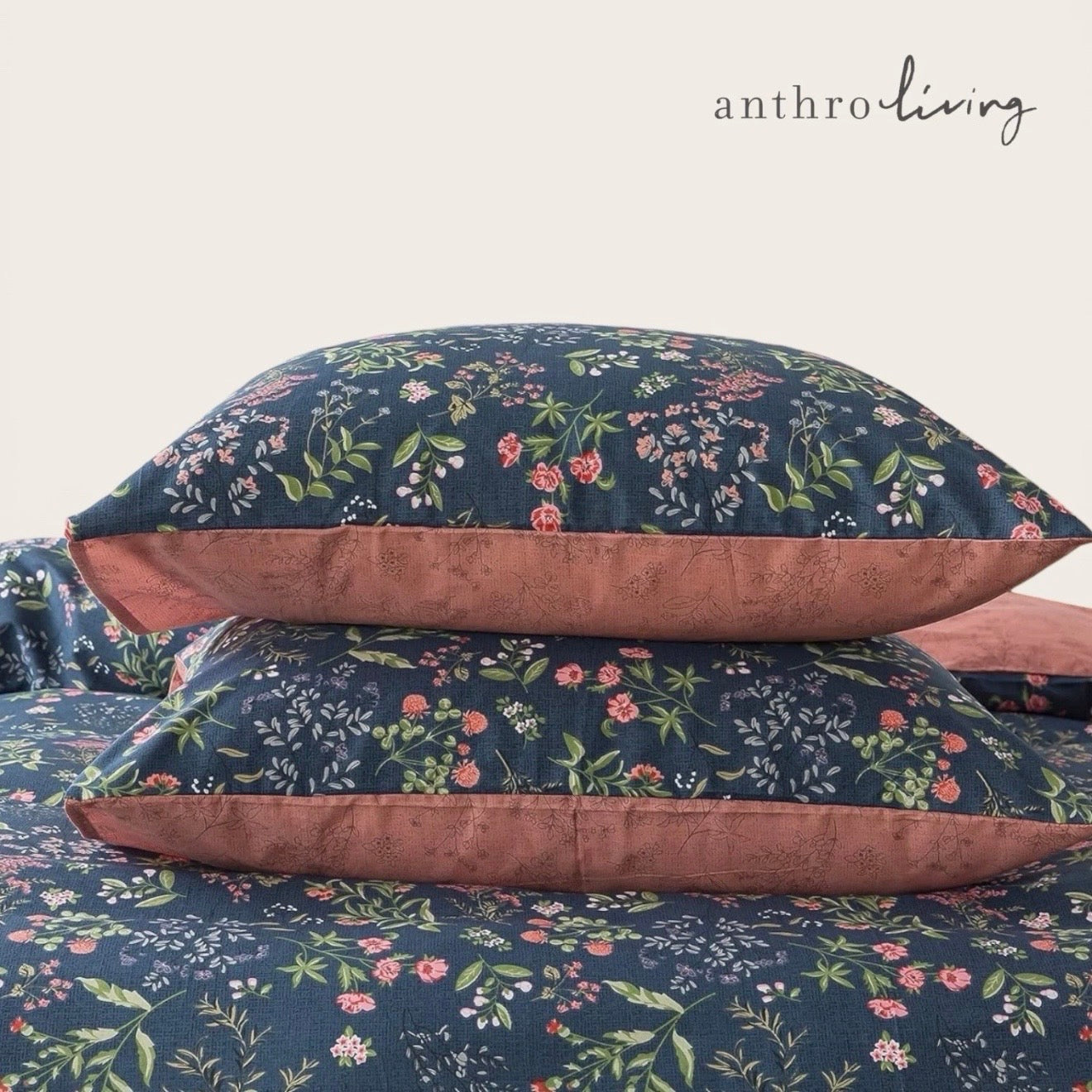 NEW Anthropologie Blue Floral Cotton Queen / King Size Bedding Duvet & Sham Set