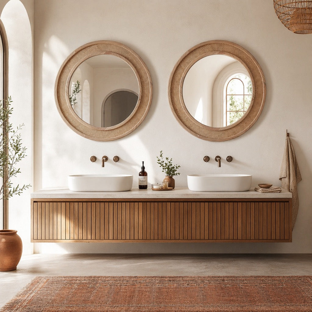 NEW West Elm Large Round Mirror Wicker Rattan Boho Wall Hanging Decor - 24” Diam