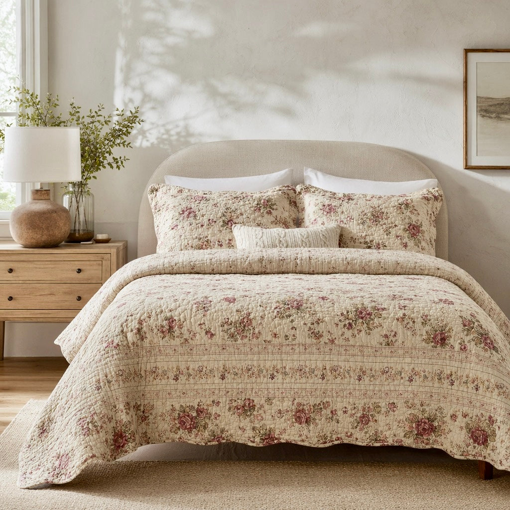 NEW Anthropologie White Red Floral Cream Queen / King Quilt Bedspread Bedding Sham Set