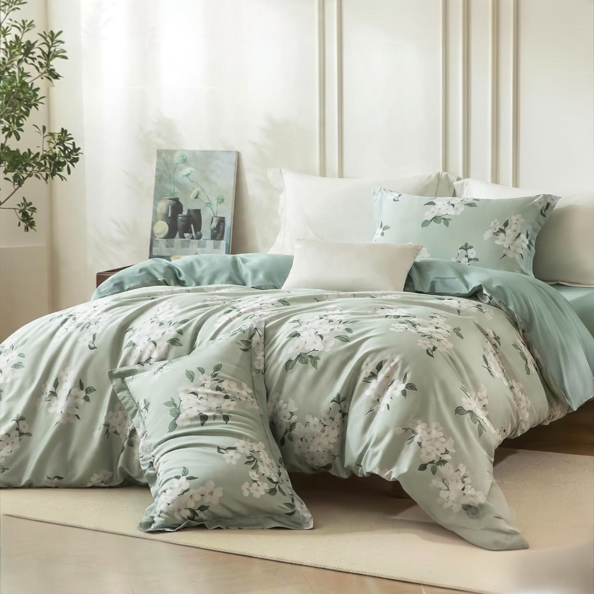 NEW West Elm Sage Green Floral Print Cotton Multi-Size Bedding Duvet & Sham Set