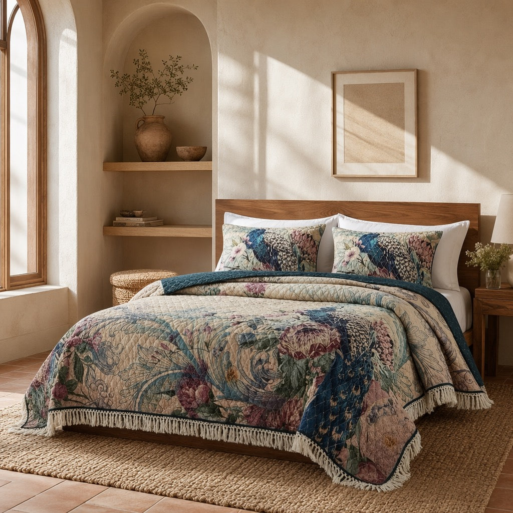 NEW Anthropologie Peacock Tassel Fringe Boho Quilt Bedspread Bedding & Sham Set