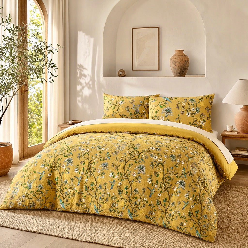 NEW Anthro Yellow Seersucker Floral Queen King Boho Comforter Bedding Sham Set