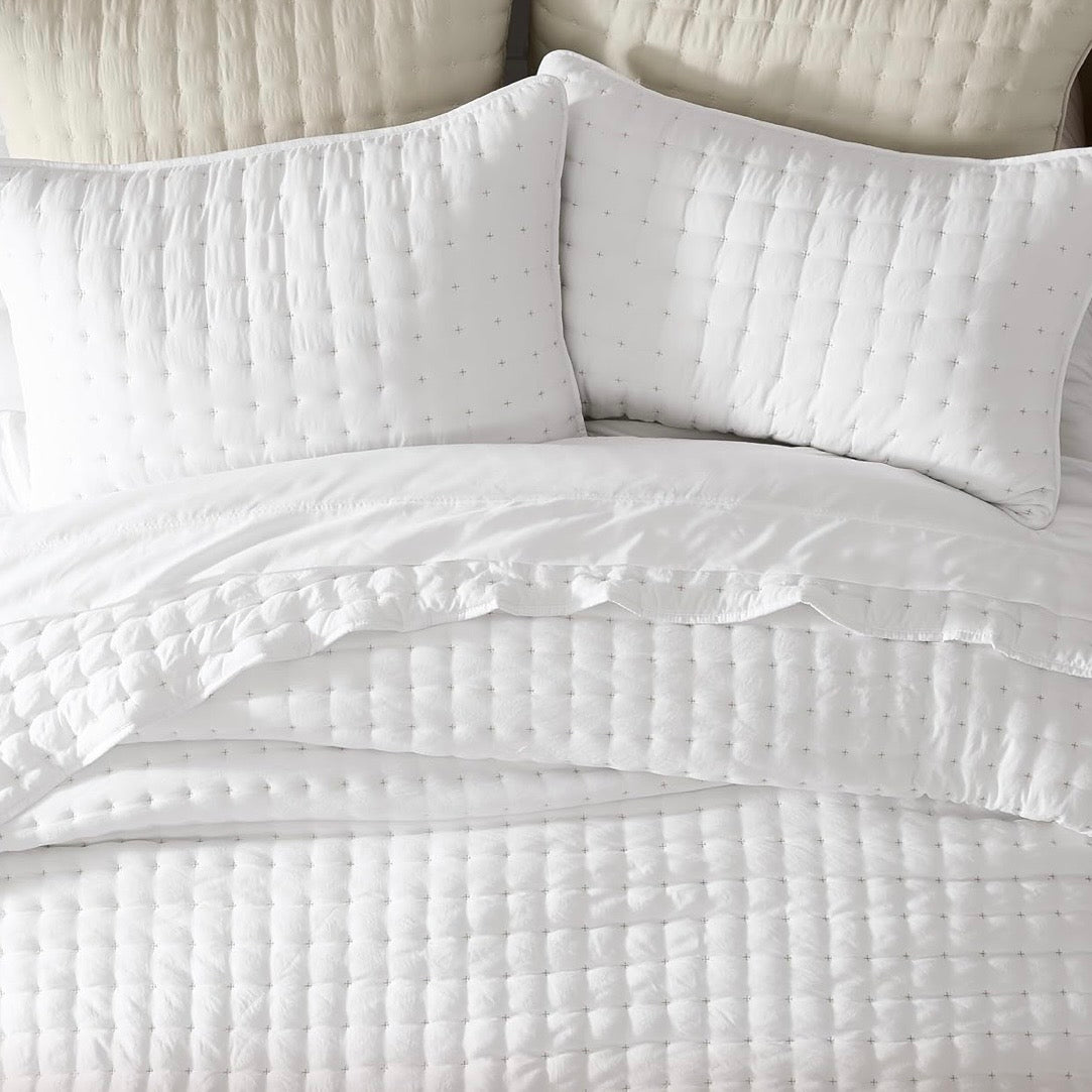 NEW West Elm White Ultra Soft Stitch Quilted Comforter Coverlet Bedding Sham Set