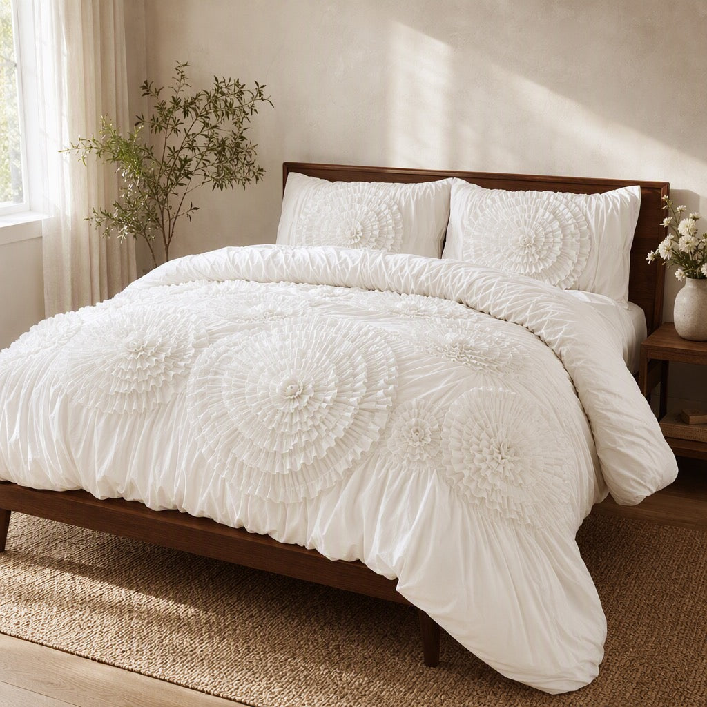 NEW Anthropologie Ivory Floral Tufts Queen King Boho Comforter Bedding Sham Set