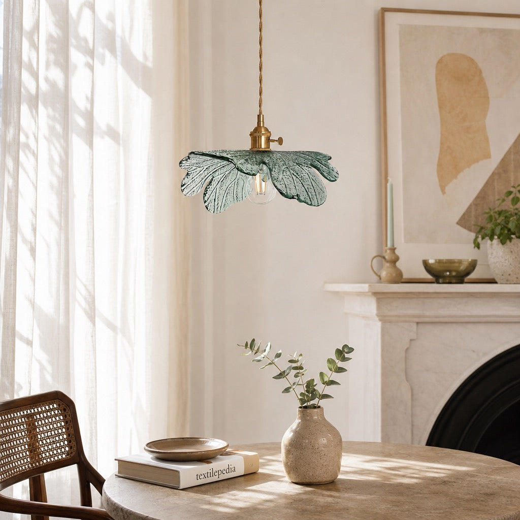 NEW Anthro Vintage Blue Glass Hanging Retro Gold Floral Pendant Light Fixture