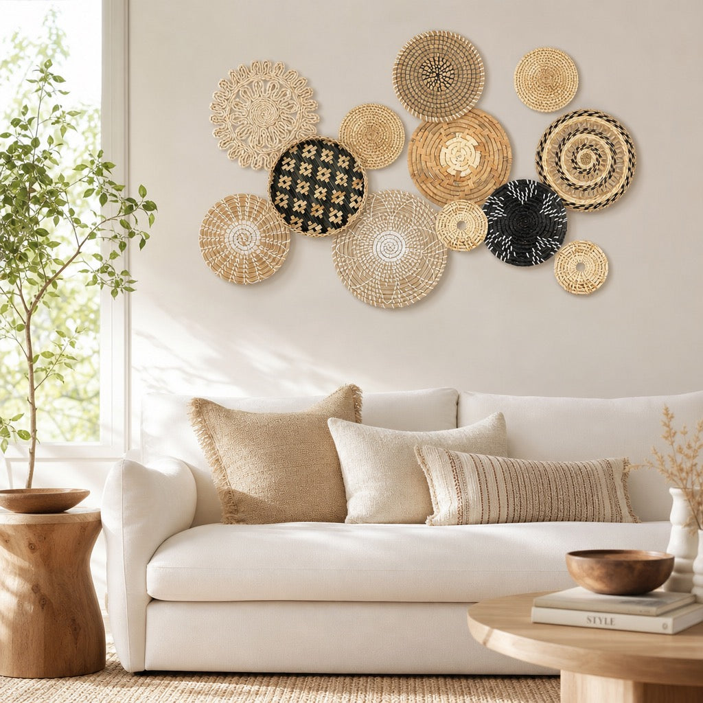 NEW West Elm XL Woven Wicker Rattan Seagrass Boho Wall Hanging Baskets Set / 13