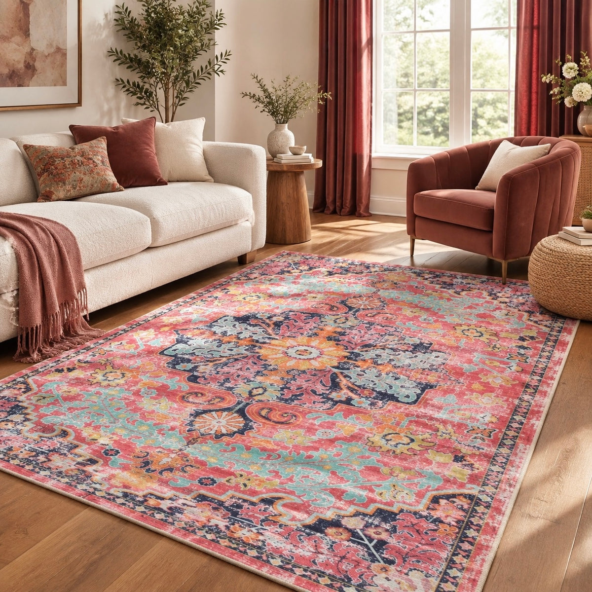 NEW Anthropologie Moroccan Boho Multicolor Washable Area Rug Carpet - 5' x 7'