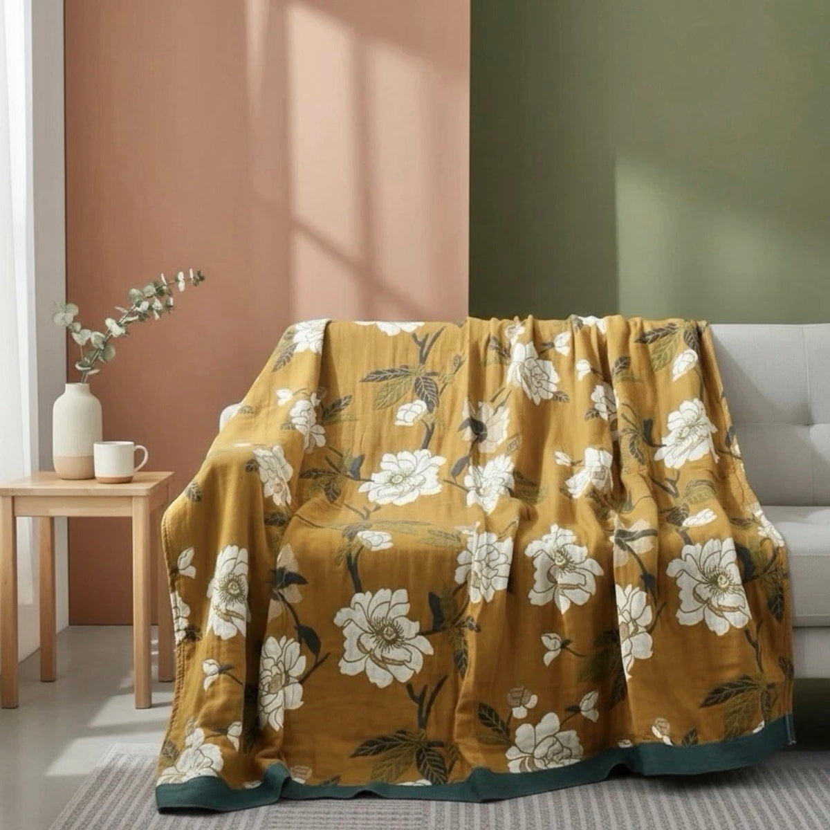 NEW Anthropologie Boho Orange & Teal Floral Throw Blanket Bedspread - 60" x 80"