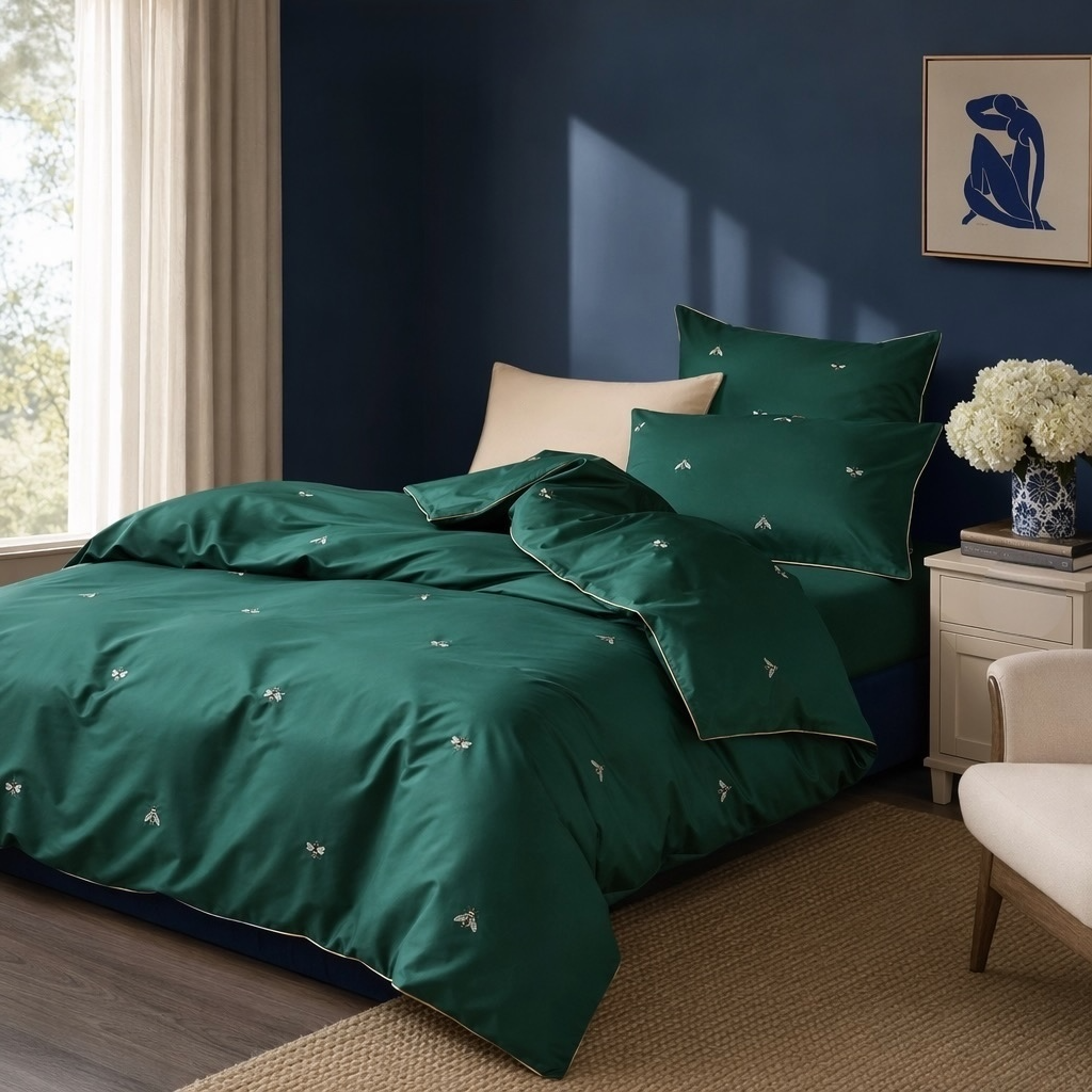NEW Anthropologie Emerald Green Bee Boho Queen Size Bedding Duvet Sham Case Set