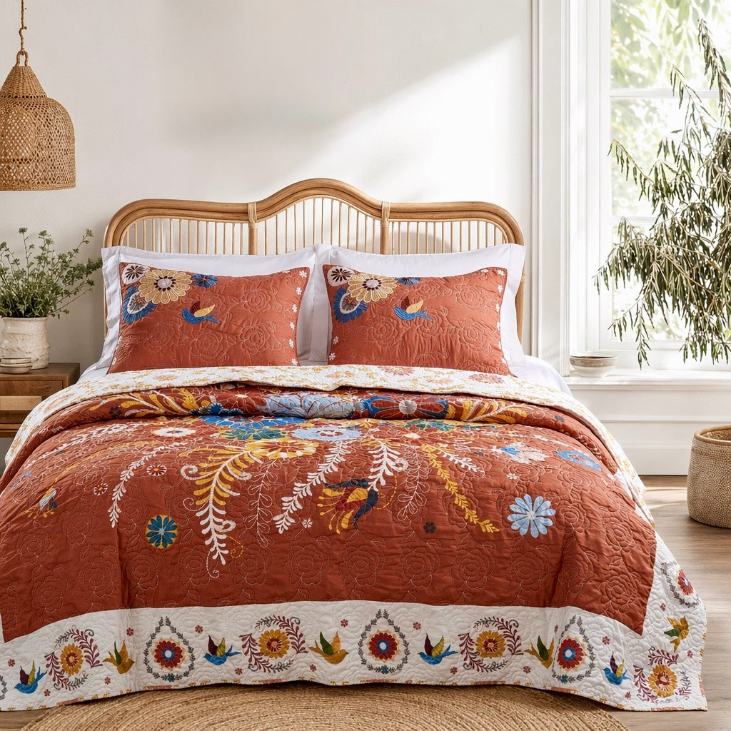 NEW Anthropologie Red Queen Floral Boho Reversible Quilt Bedspread Blanket Sham Set