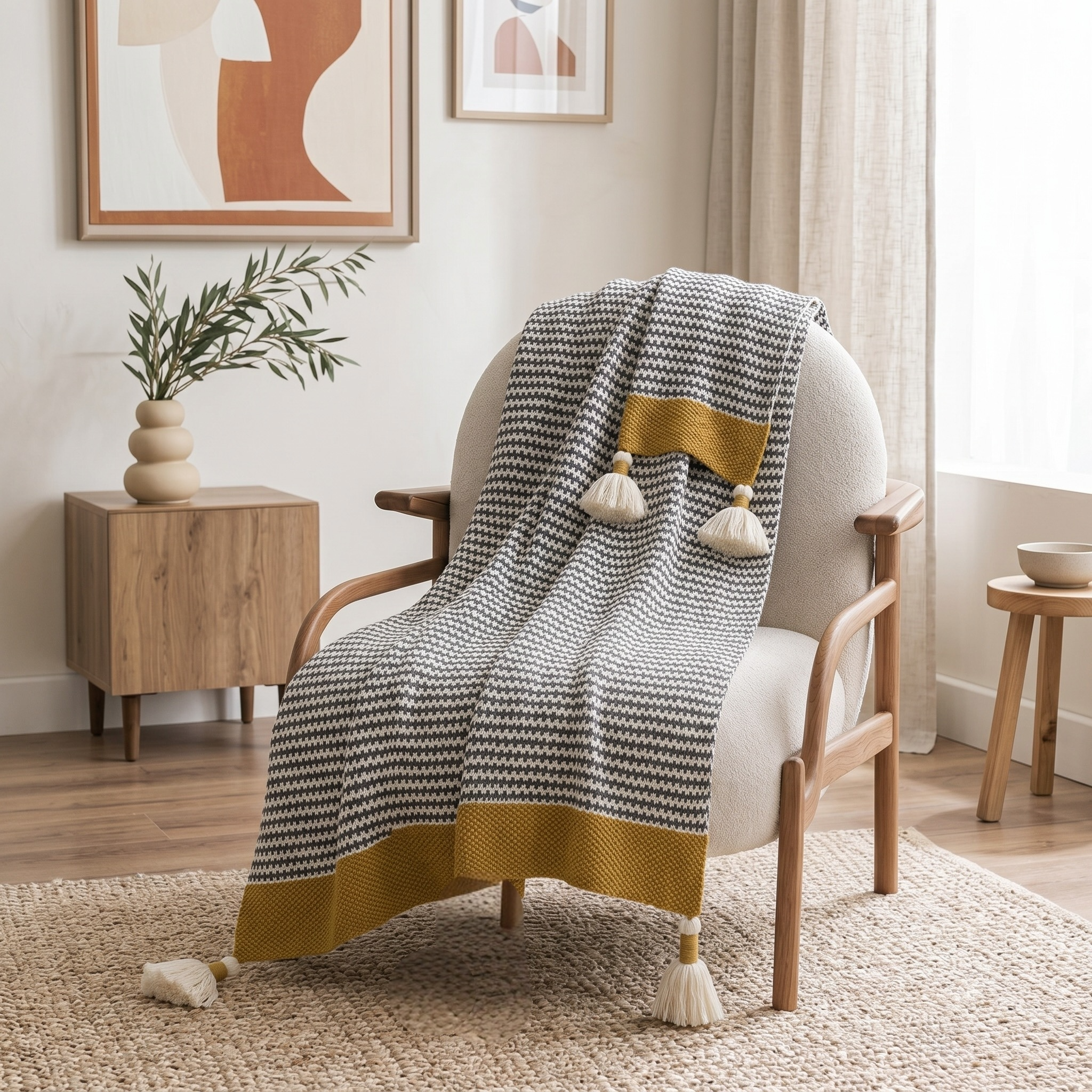NEW Anthro Chevron Stripe Boho Tassel Pom Pom Knit Throw Blanket Bedding 48
× 60
