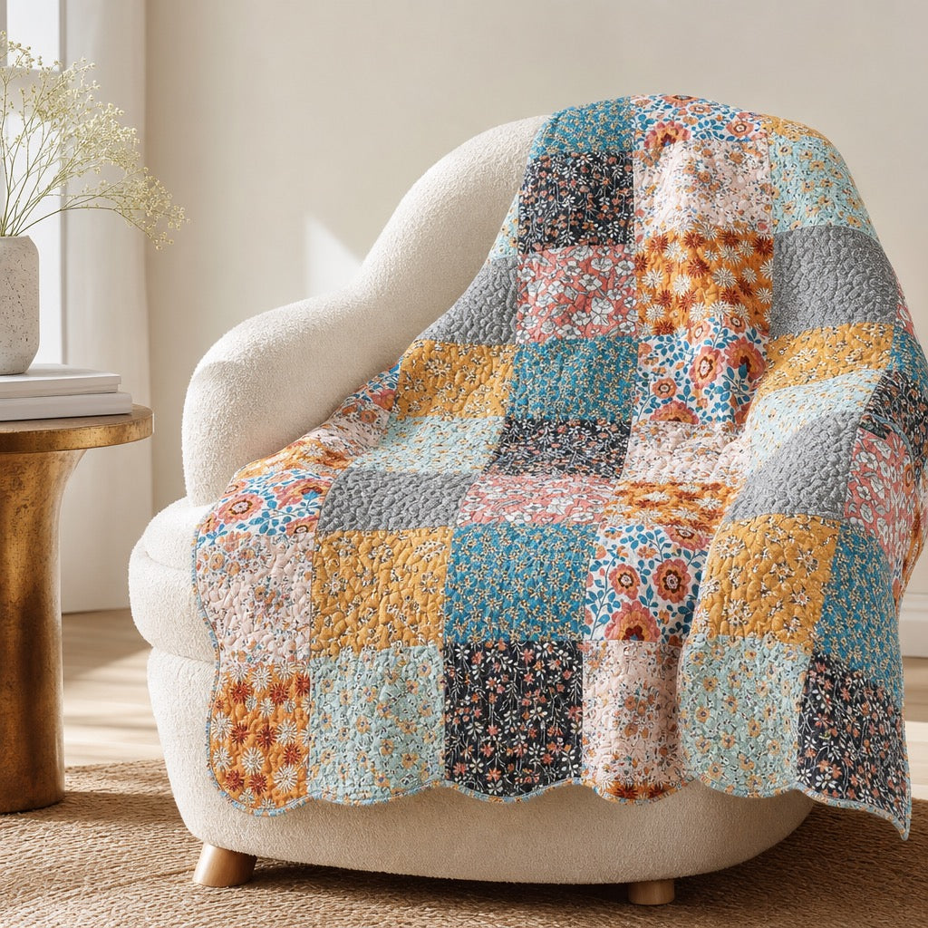 NEW Anthropologie Boho Cotton Colorful Floral Throw Blanket Bedspread Quilt - 50" x 60"