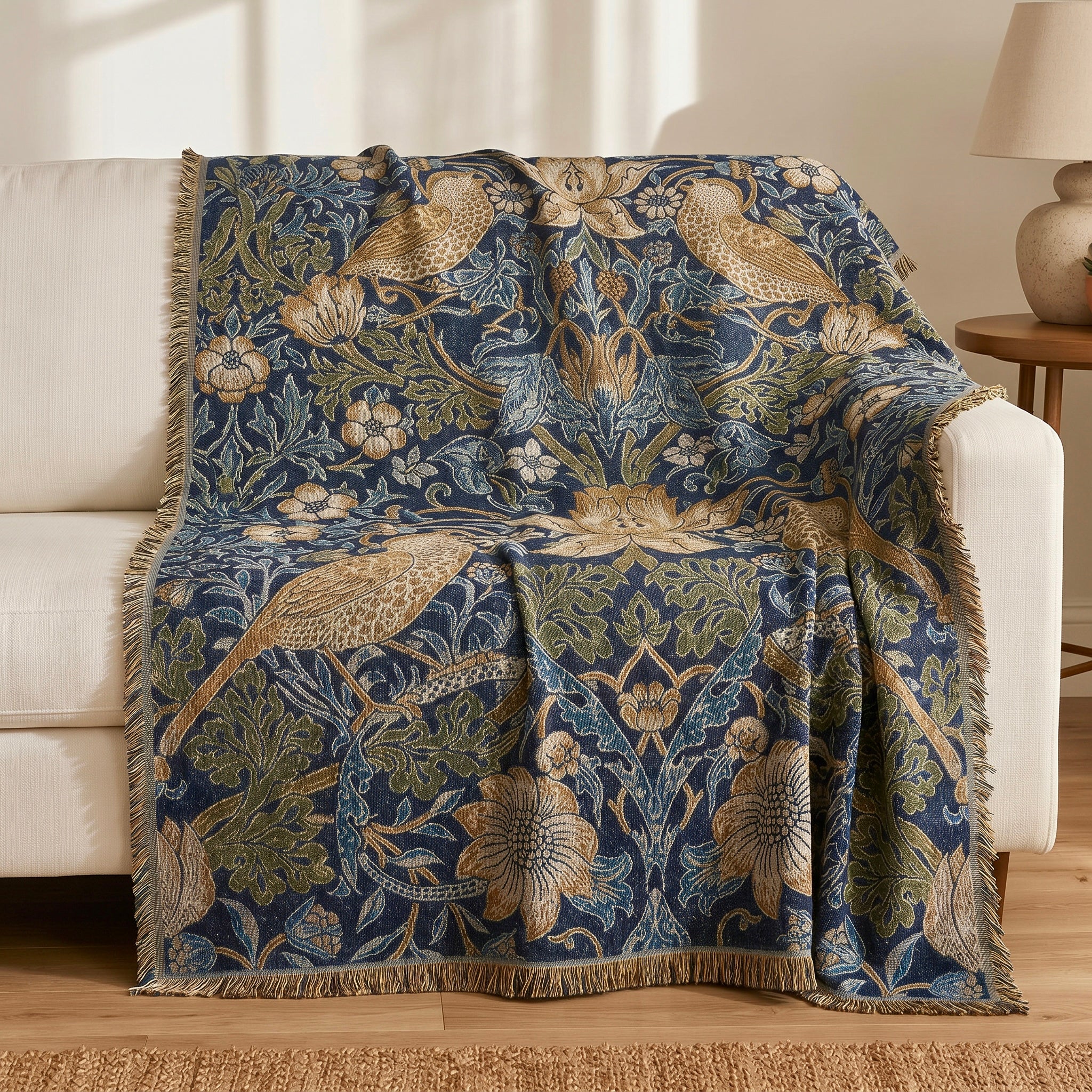 NEW Anthropologie Boho Bird Blue Tassel Throw Blanket Bedspread Quilt - 50 x 70