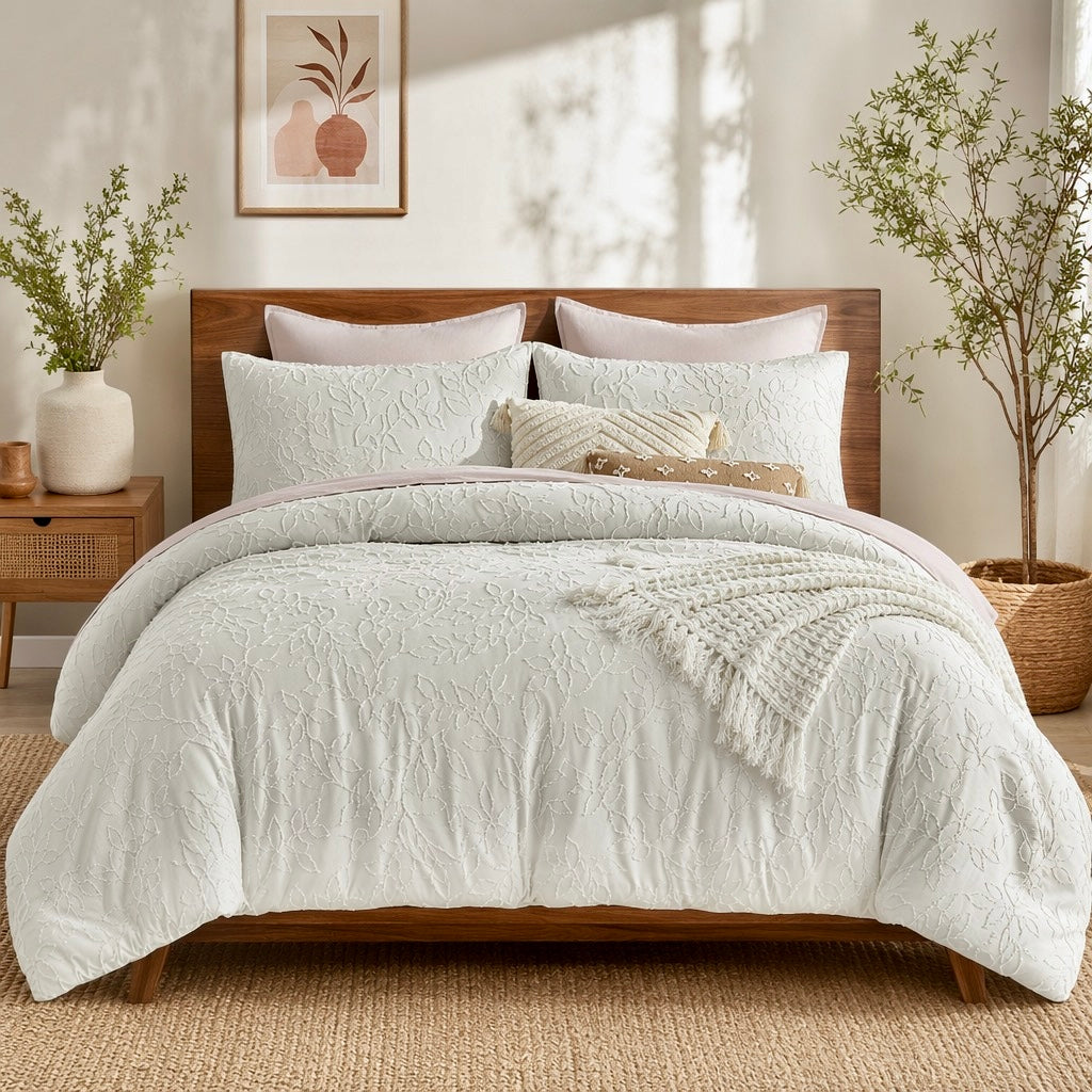 NEW Anthropologie Ivory Beige Tufted Floral Boho Comforter Bedding & Sham Set
