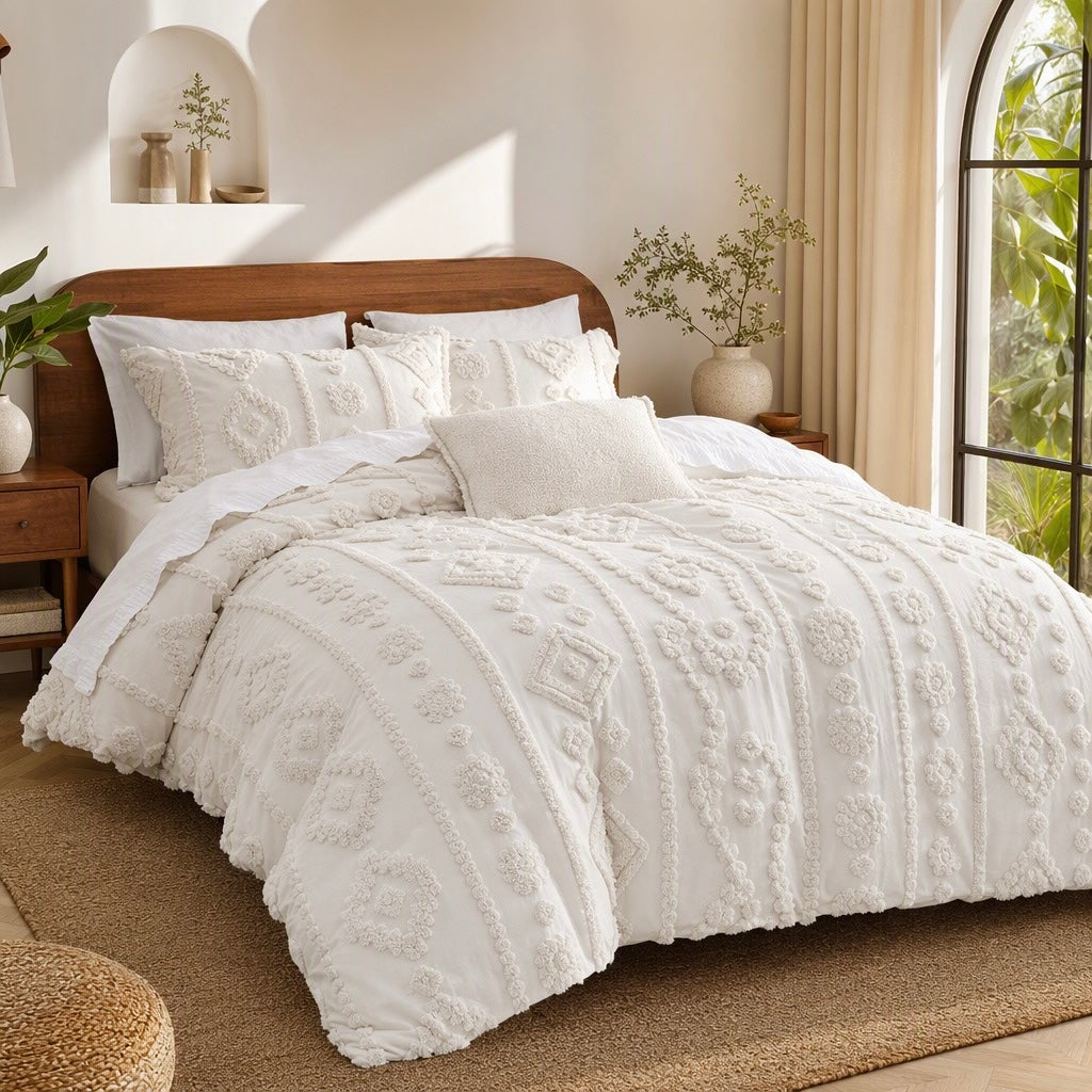 NEW Anthropologie Cream Tufted Boho Queen / King Size Bedding Duvet & Sham Set