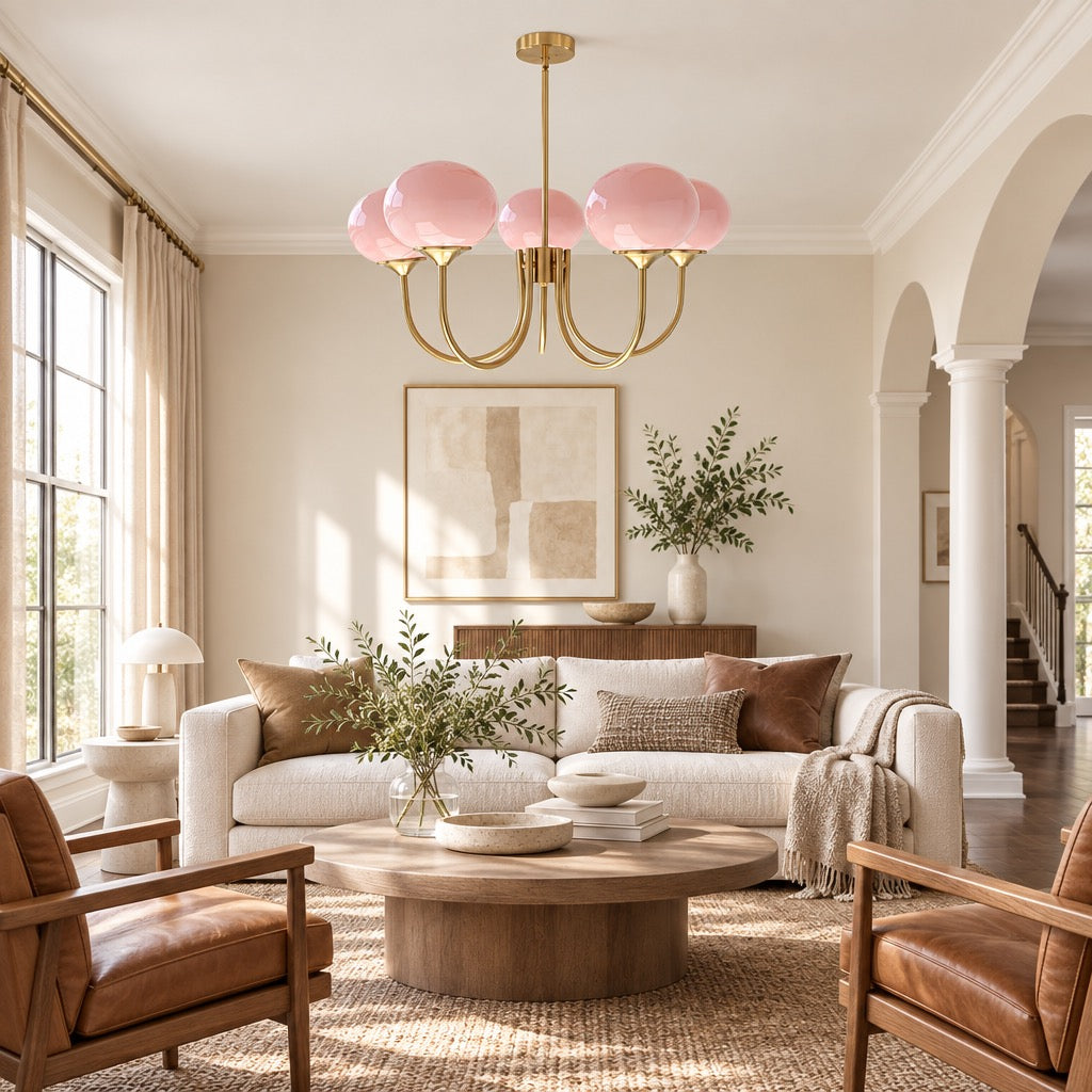 NEW Anthropologie 5-Light Gold Pink Chandelier Retro Boho Light Ceiling Fixture