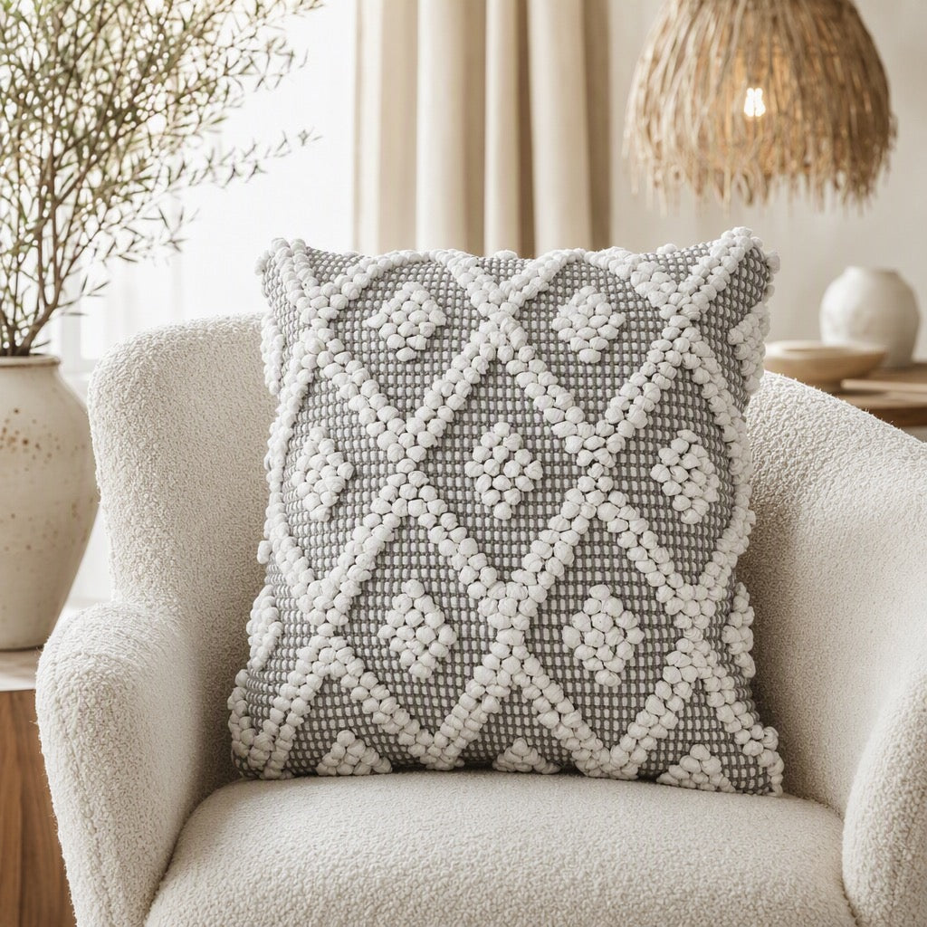 NEW Anthropologie Boho Pom Pom Grey Throw Pillow Case Cover Sham - 20" x 20"