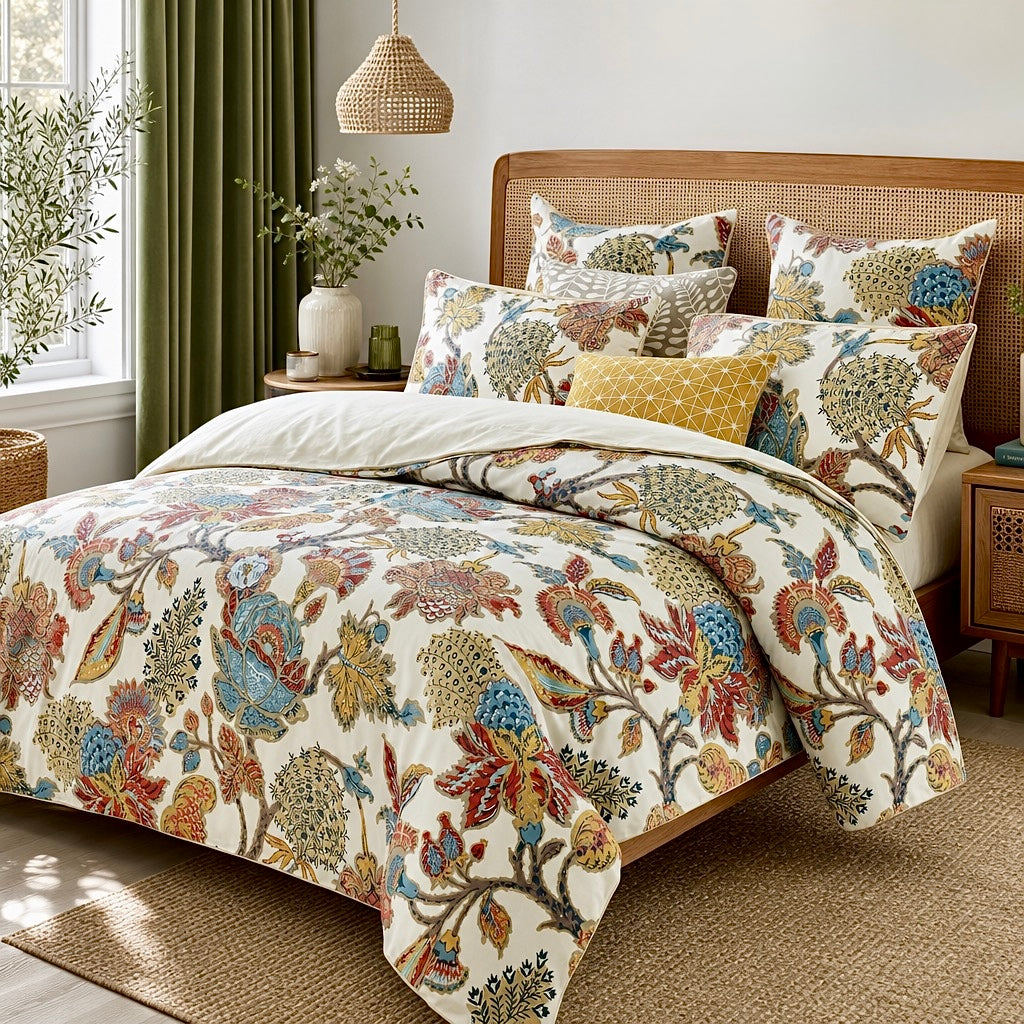 NEW Anthropologie Cream Red Cotton Queen / King Floral Bedding Duvet & Sham Set