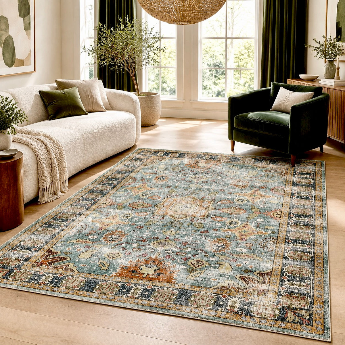 Blue Moroccan floral boho area rug with distressed pattern laid on hardwood floor in a living room with green velvet chair and white sofa.