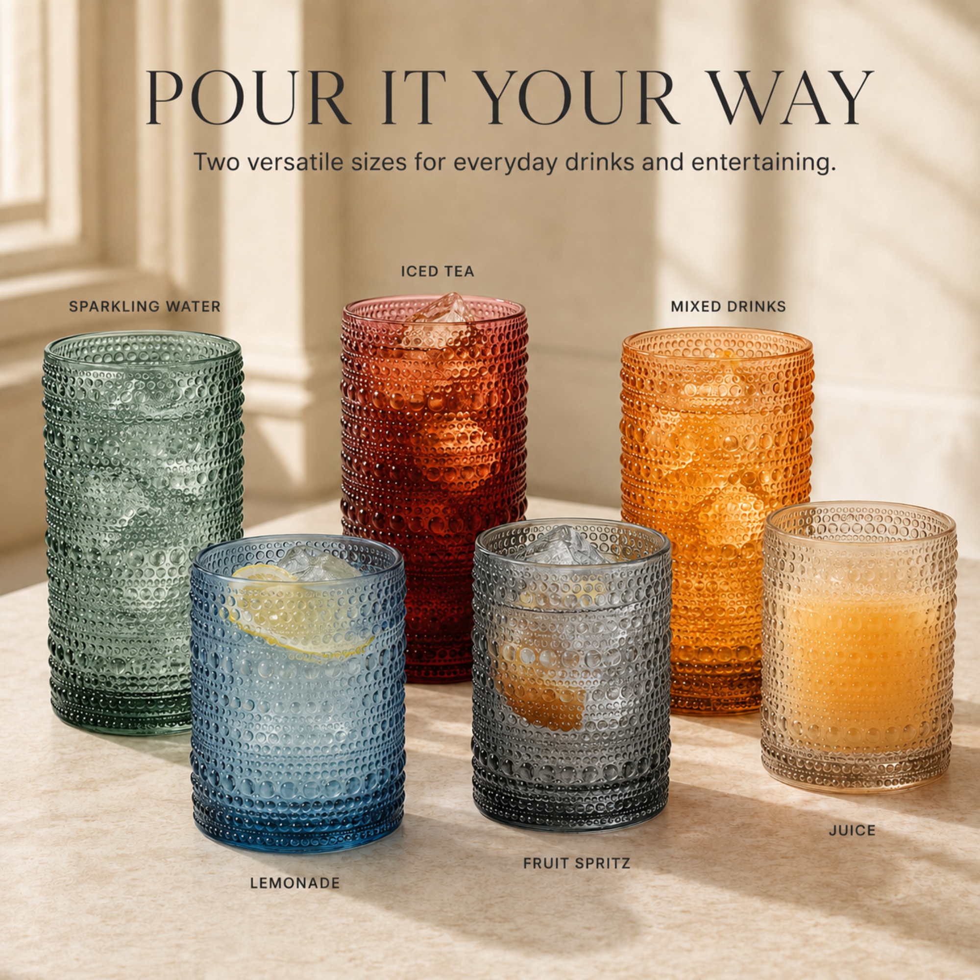 Tonal Hobnail Highball & Lowball Glassware, Set of 12
