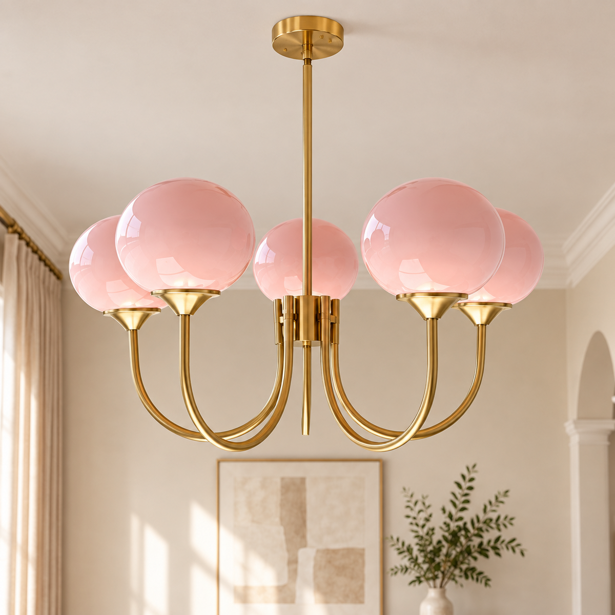 NEW Anthropologie 5-Light Gold Pink Chandelier Retro Boho Light Ceiling Fixture