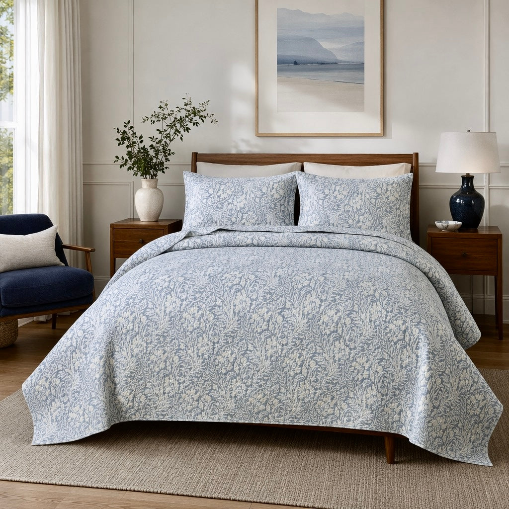 NEW West Elm Blue Botanical Boho Print Queen / King Bedding Quilt & Sham Set