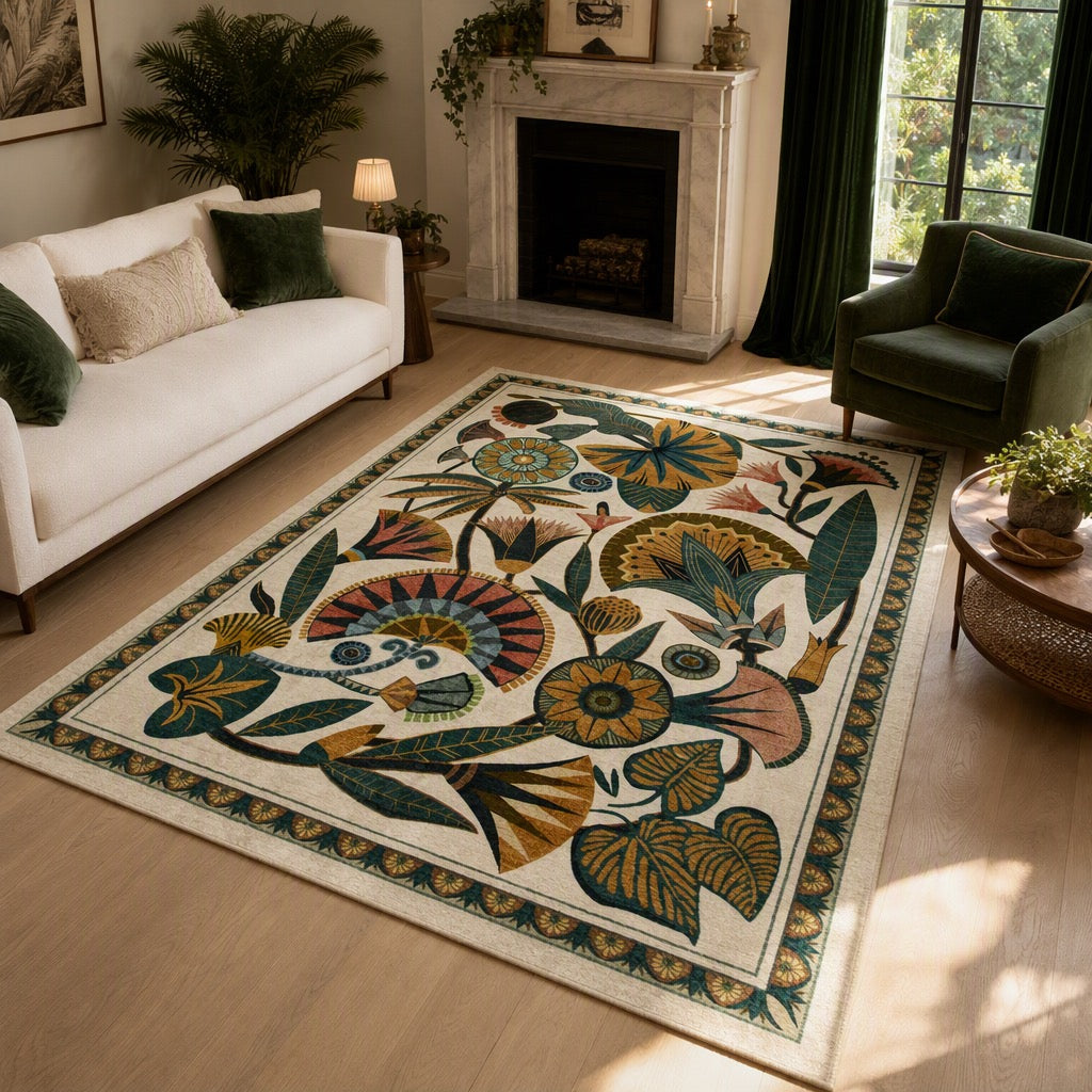 NEW Anthropologie Boho Egypt Floral Multicolor Washable Area Rug Carpet 5' x 7'