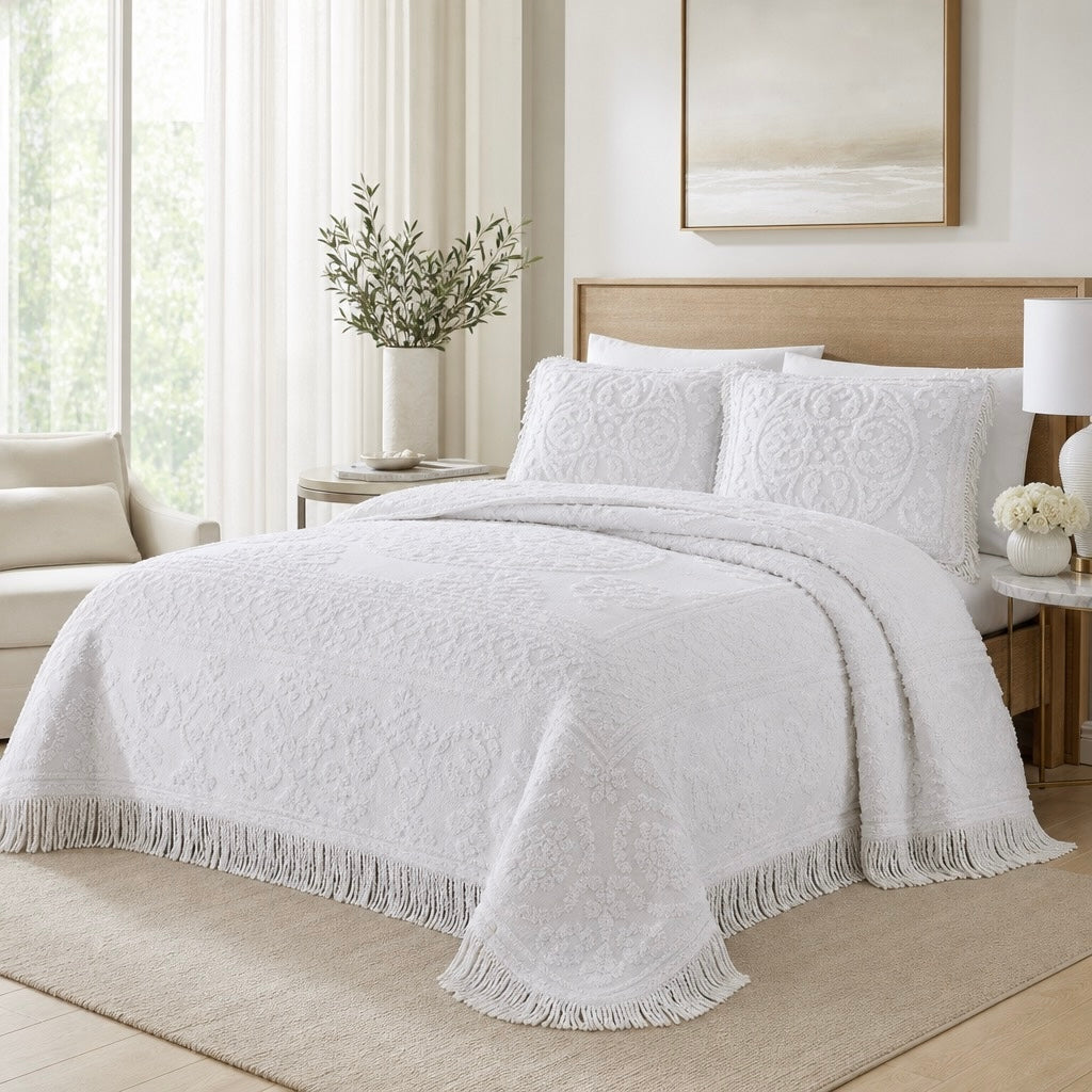 NEW Anthropologie White Chenille Damask Fringe Cotton Bedspread Blanket Sham Set